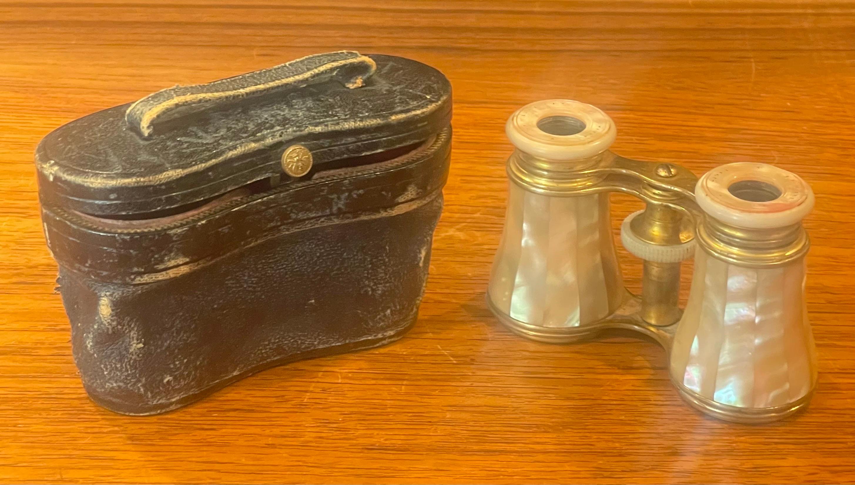 Vintage French Mother-of-Pearl & Brass Opera Glasses with Case by LeMaire Paris For Sale 9