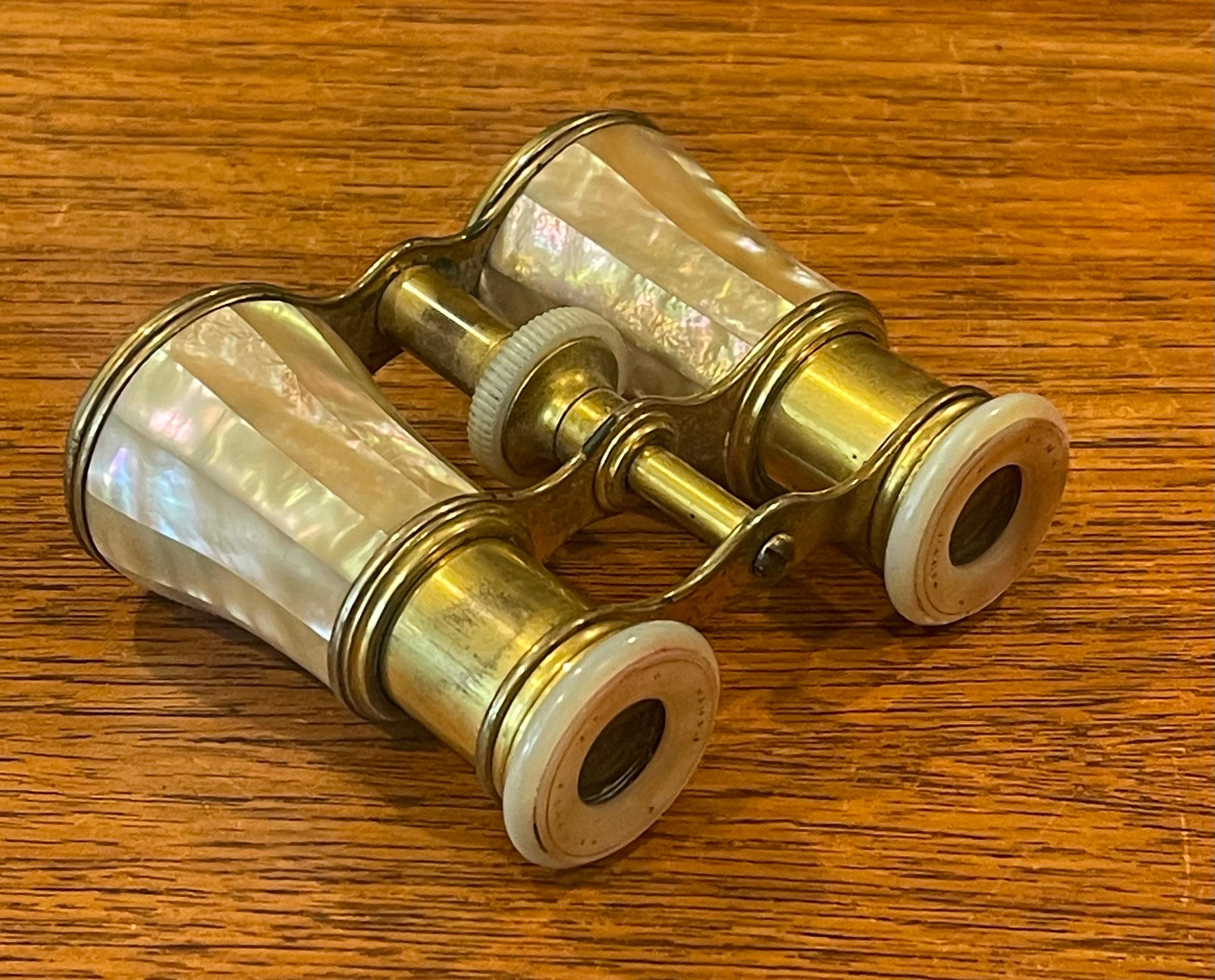 20th Century Vintage French Mother-of-Pearl & Brass Opera Glasses with Case by LeMaire Paris For Sale