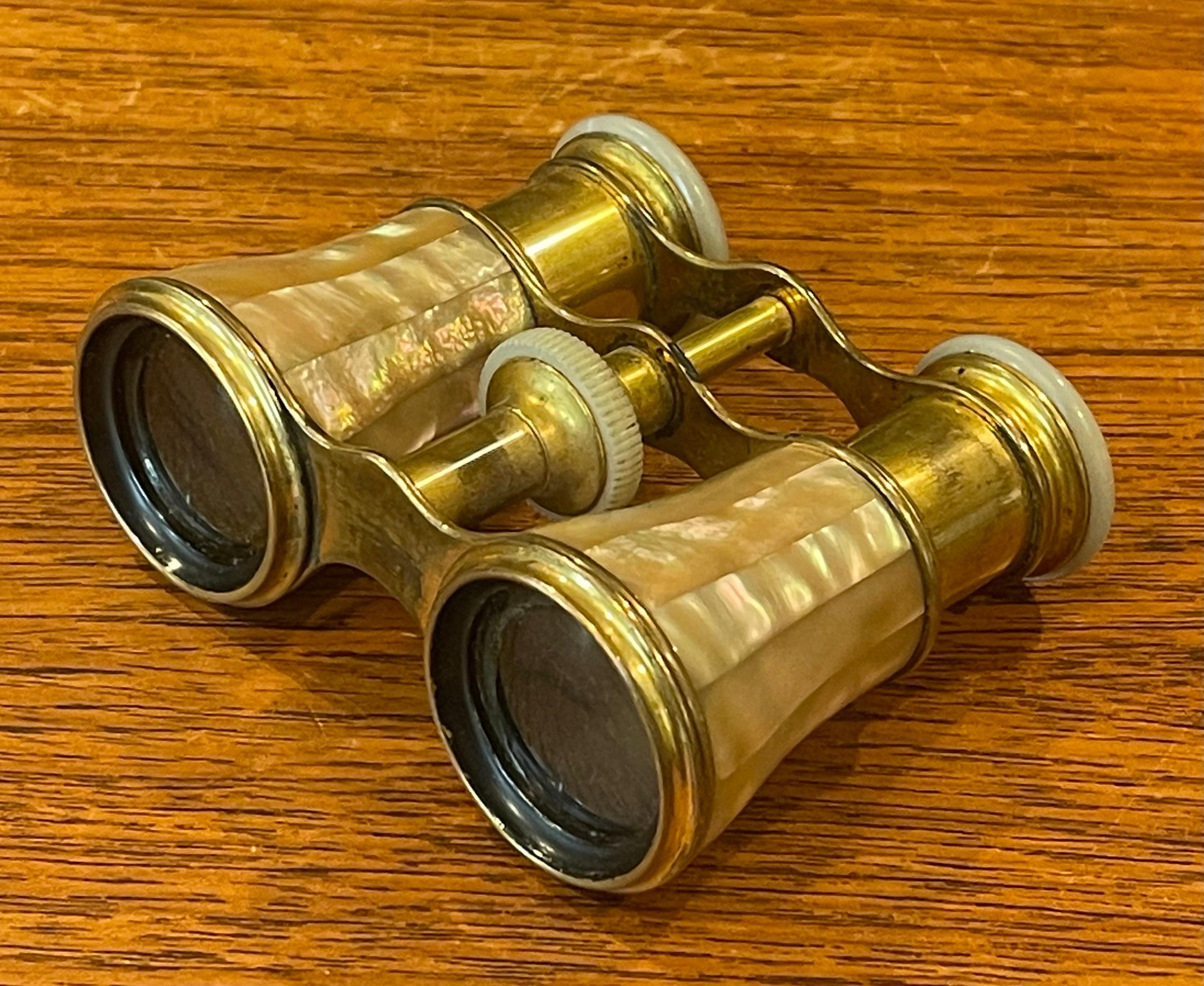 Vintage French Mother-of-Pearl & Brass Opera Glasses with Case by LeMaire Paris For Sale 1
