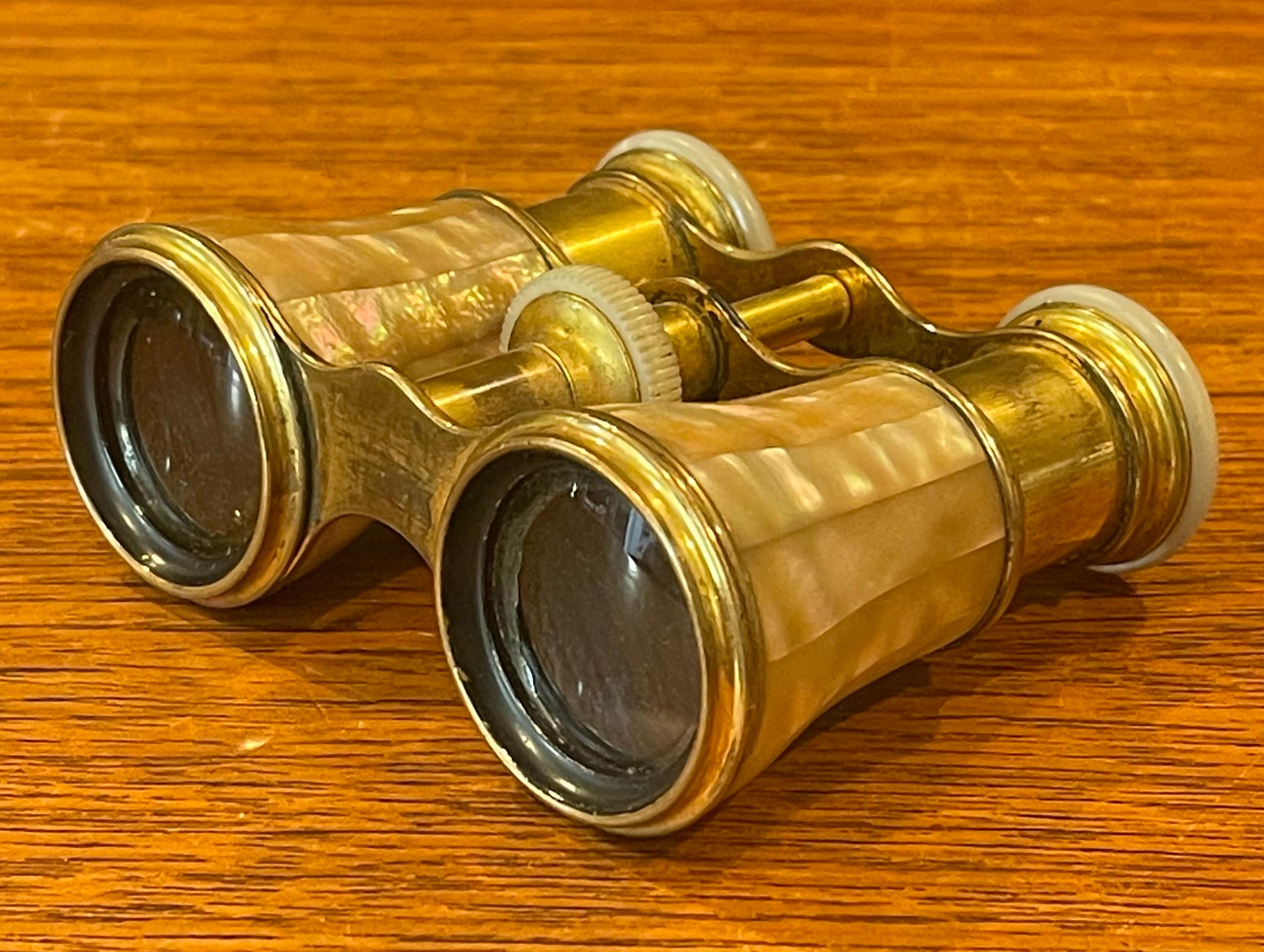 Vintage French Mother-of-Pearl & Brass Opera Glasses with Case by LeMaire Paris For Sale 2