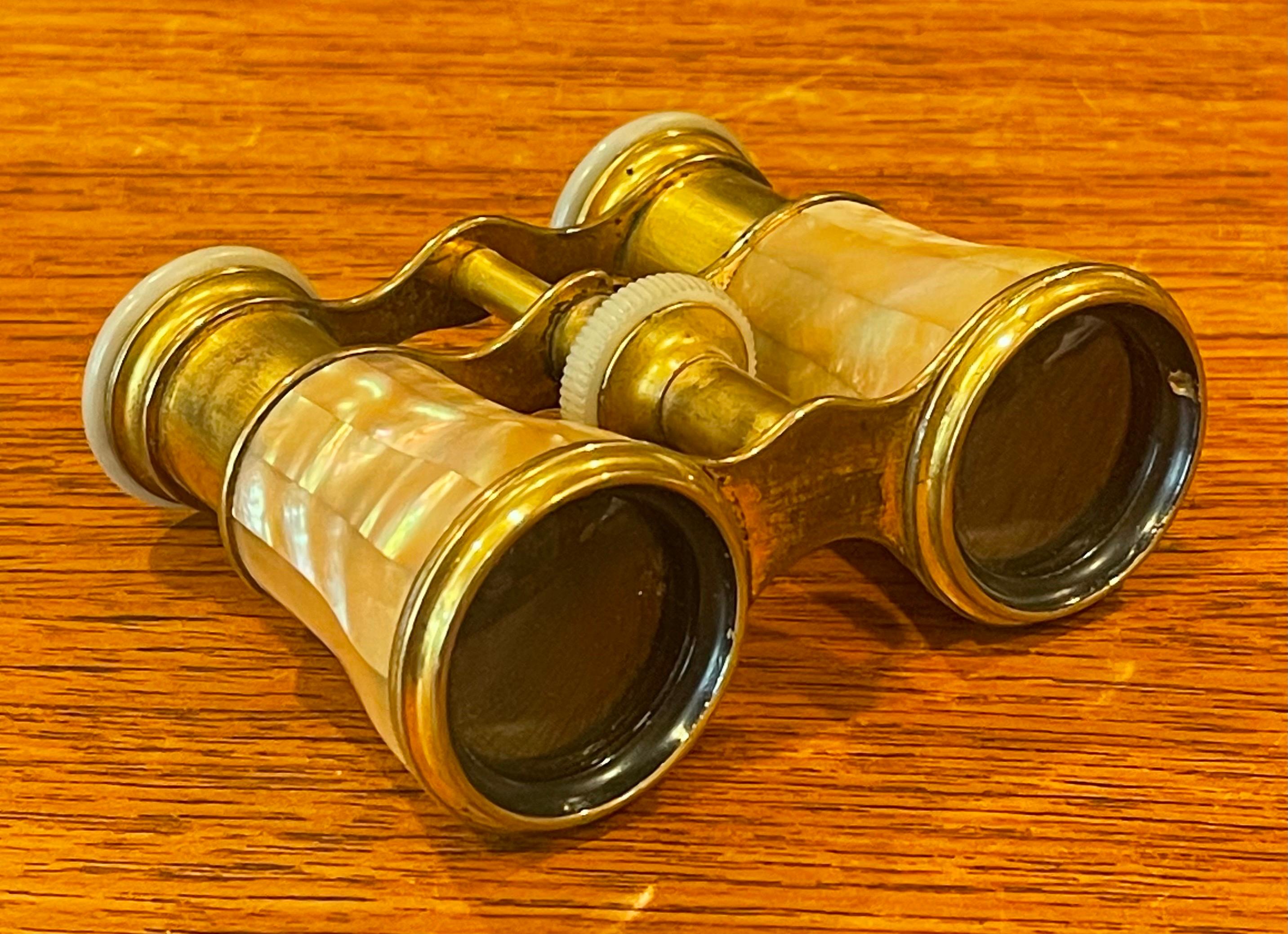Vintage French Mother-of-Pearl & Brass Opera Glasses with Case by LeMaire Paris For Sale 3