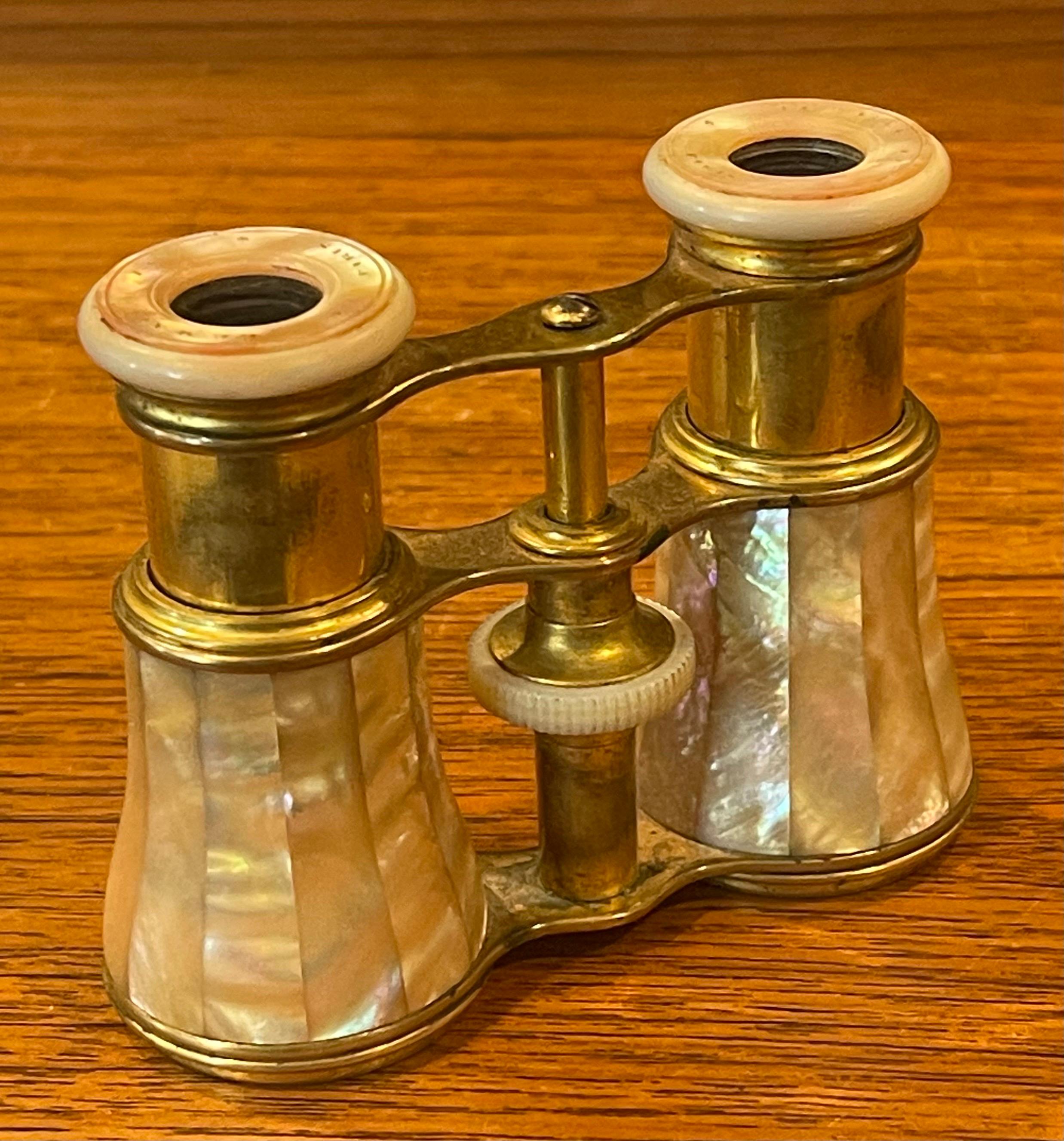 Vintage French Mother-of-Pearl & Brass Opera Glasses with Case by LeMaire Paris For Sale 4