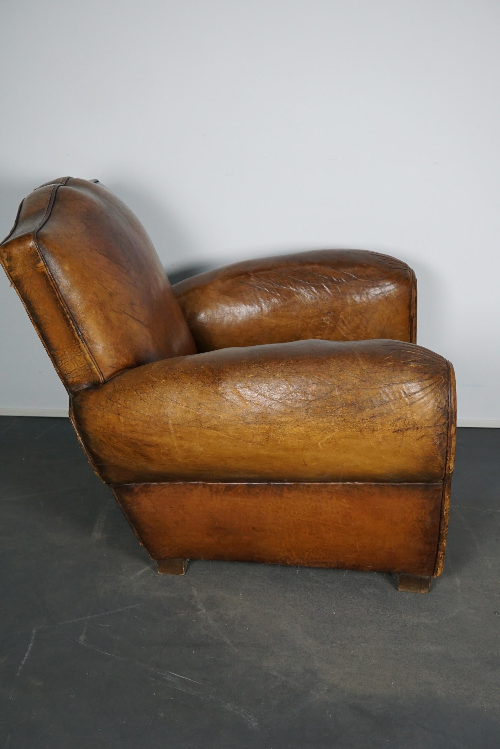Vintage French Moustache Back Cognac-Colored Leather Club Chair, 1940s 3
