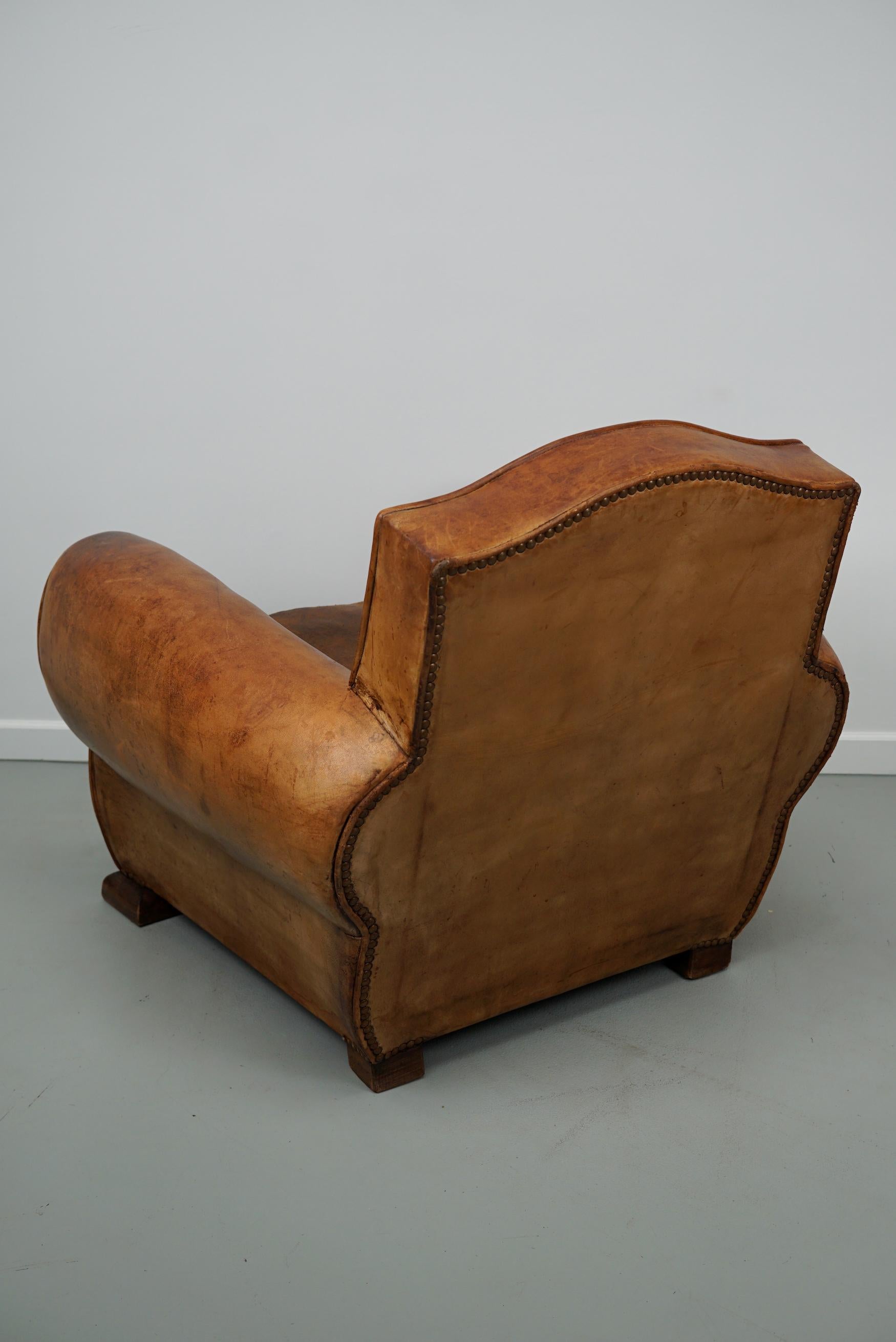 Vintage French Moustache Back Cognac-Colored Leather Club Chair, 1940s 6