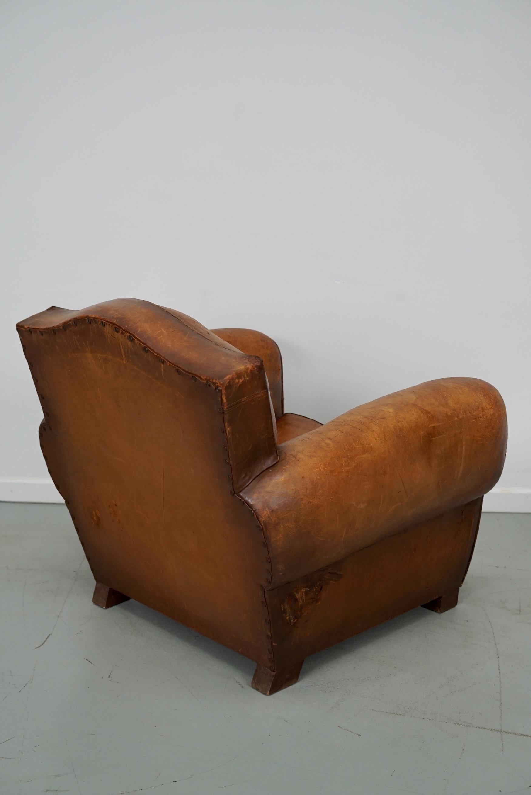 Vintage French Moustache Back Cognac-Colored Leather Club Chair, 1940s 5