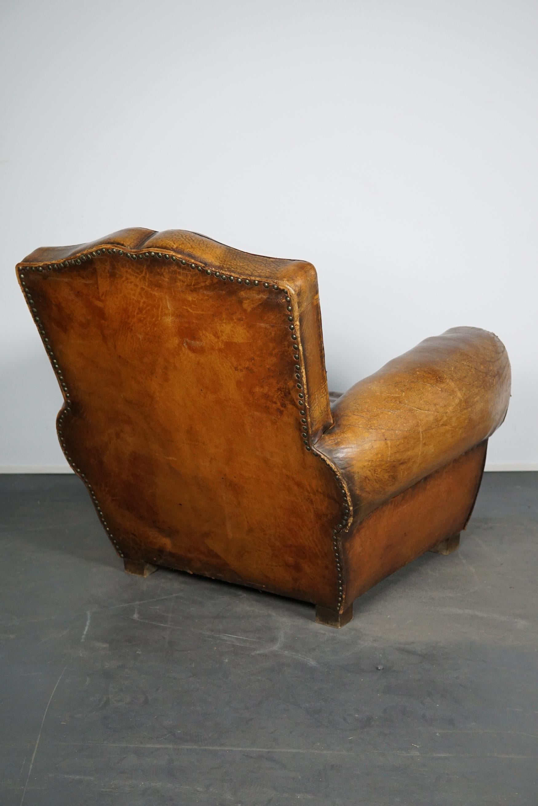 Vintage French Moustache Back Cognac-Colored Leather Club Chair, 1940s 4