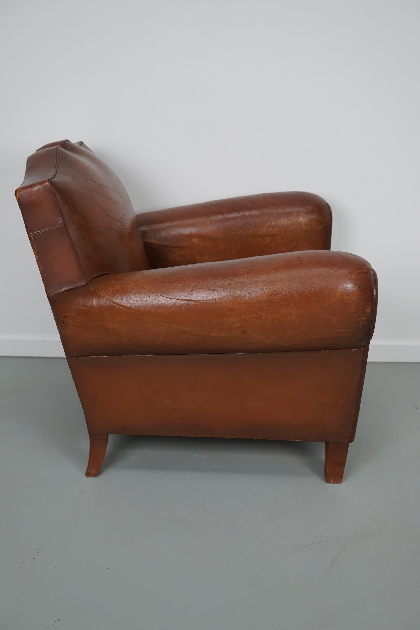 Vintage French Moustache Back Cognac-Colored Leather Club Chair, 1940s 6