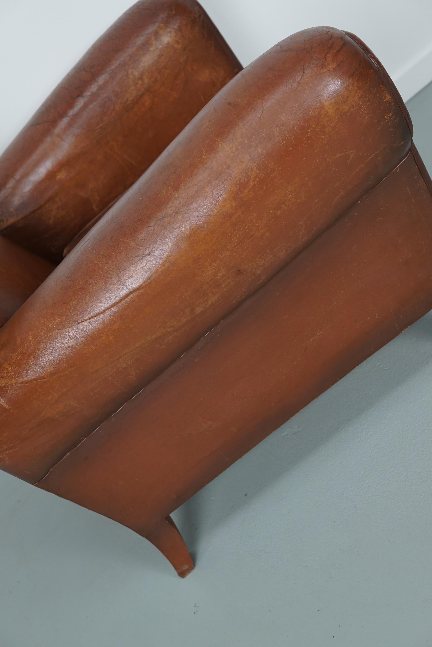 Vintage French Moustache Back Cognac-Colored Leather Club Chair, 1940s 7