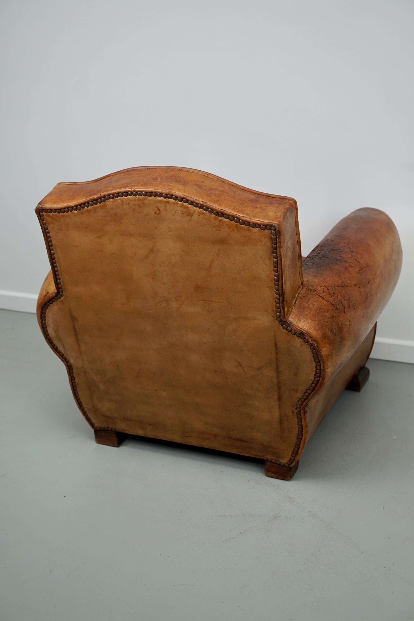 Vintage French Moustache Back Cognac-Colored Leather Club Chair, 1940s 9