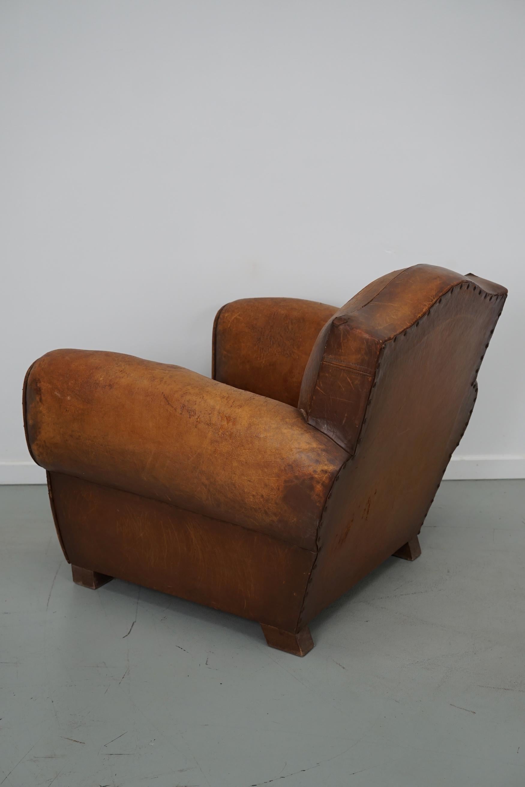 Vintage French Moustache Back Cognac-Colored Leather Club Chair, 1940s 8