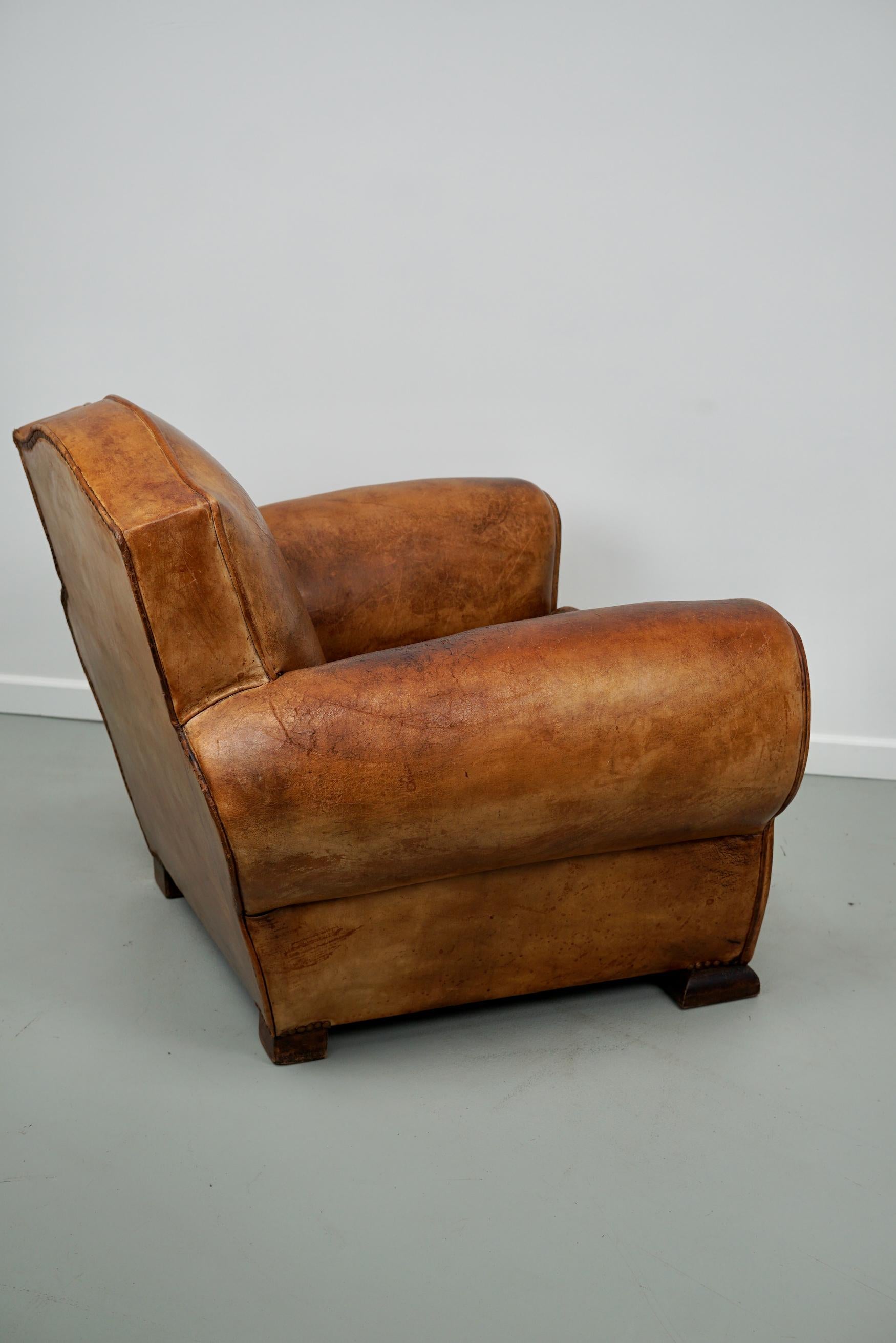 Vintage French Moustache Back Cognac-Colored Leather Club Chair, 1940s 10