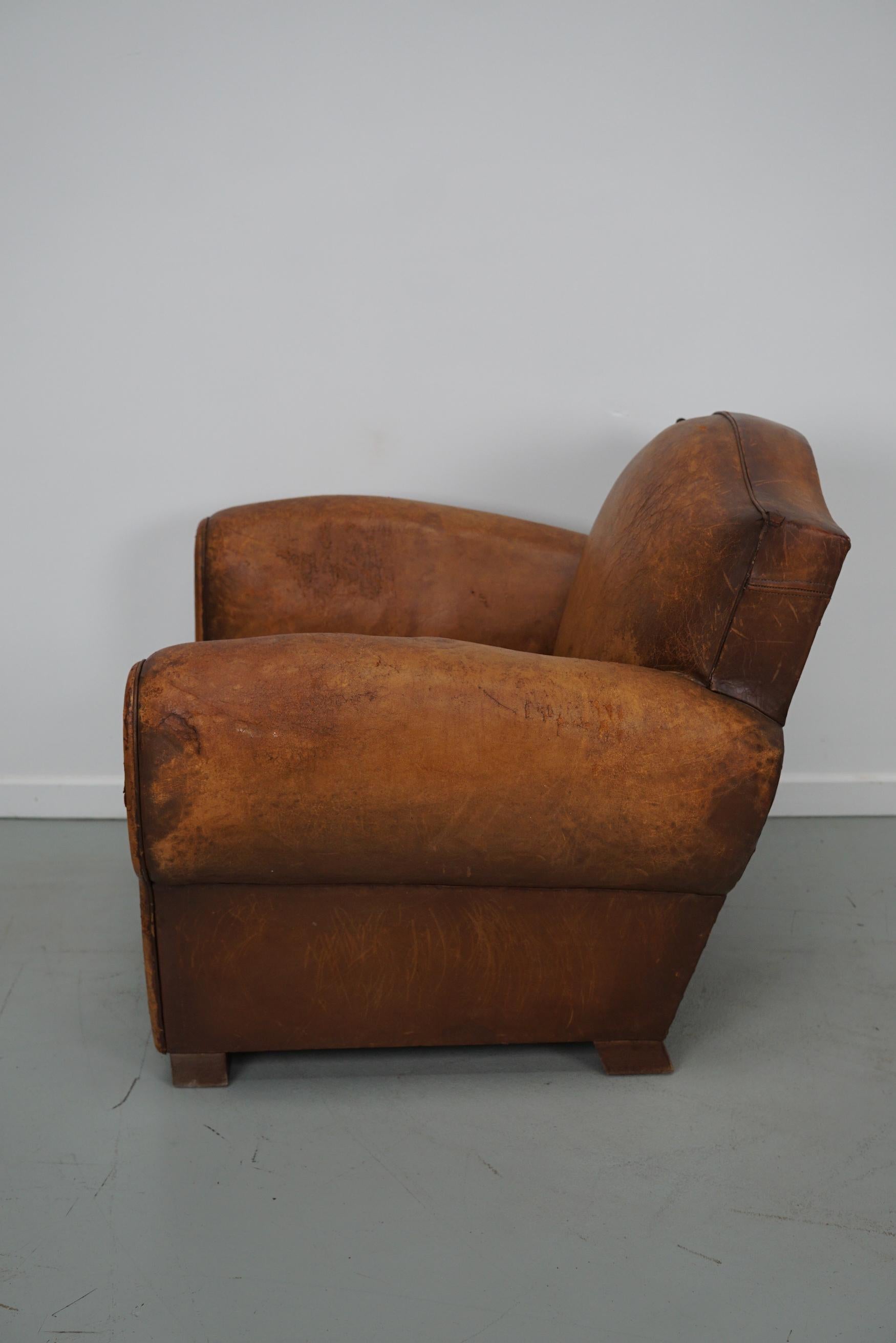 Vintage French Moustache Back Cognac-Colored Leather Club Chair, 1940s 9
