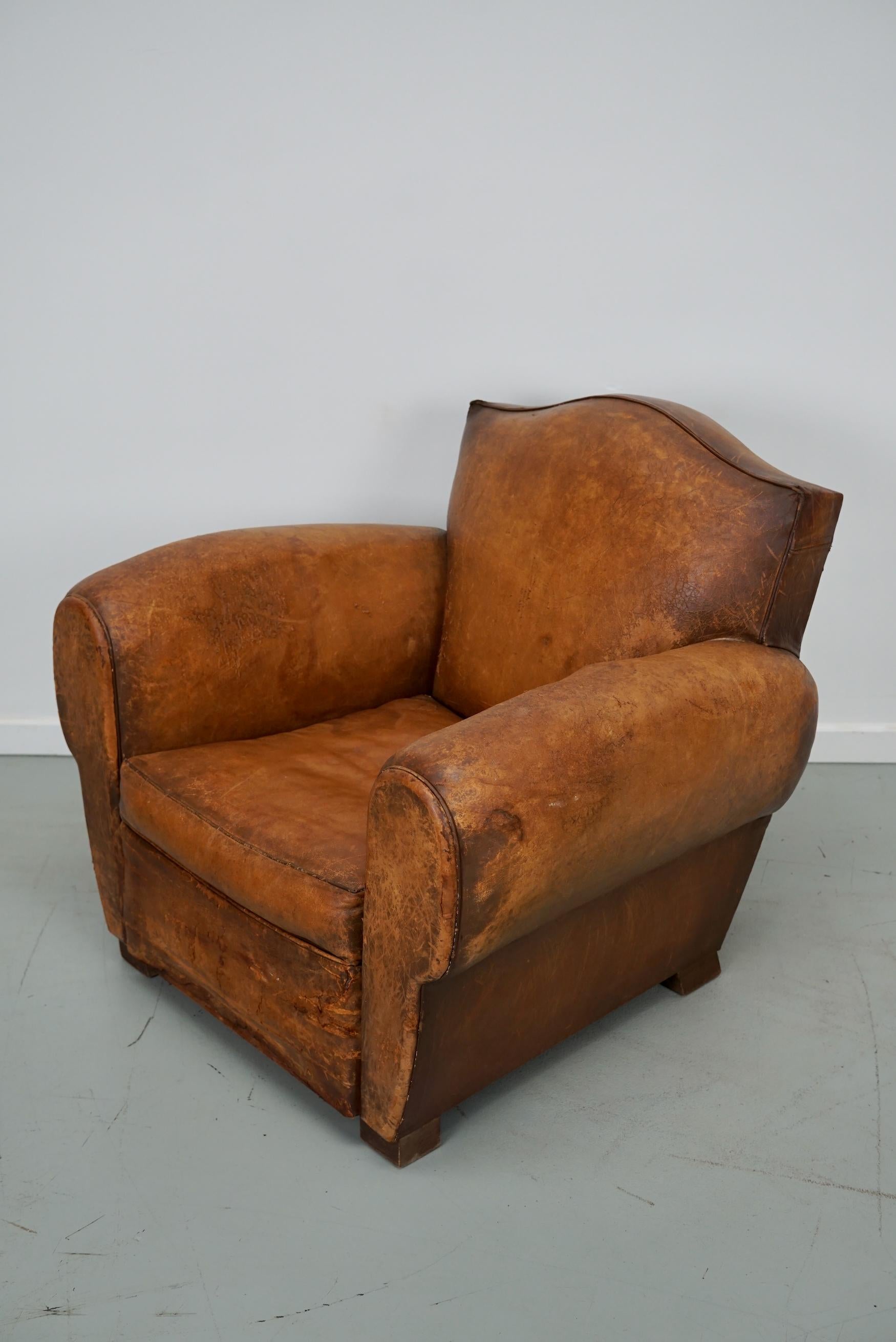 Vintage French Moustache Back Cognac-Colored Leather Club Chair, 1940s 11