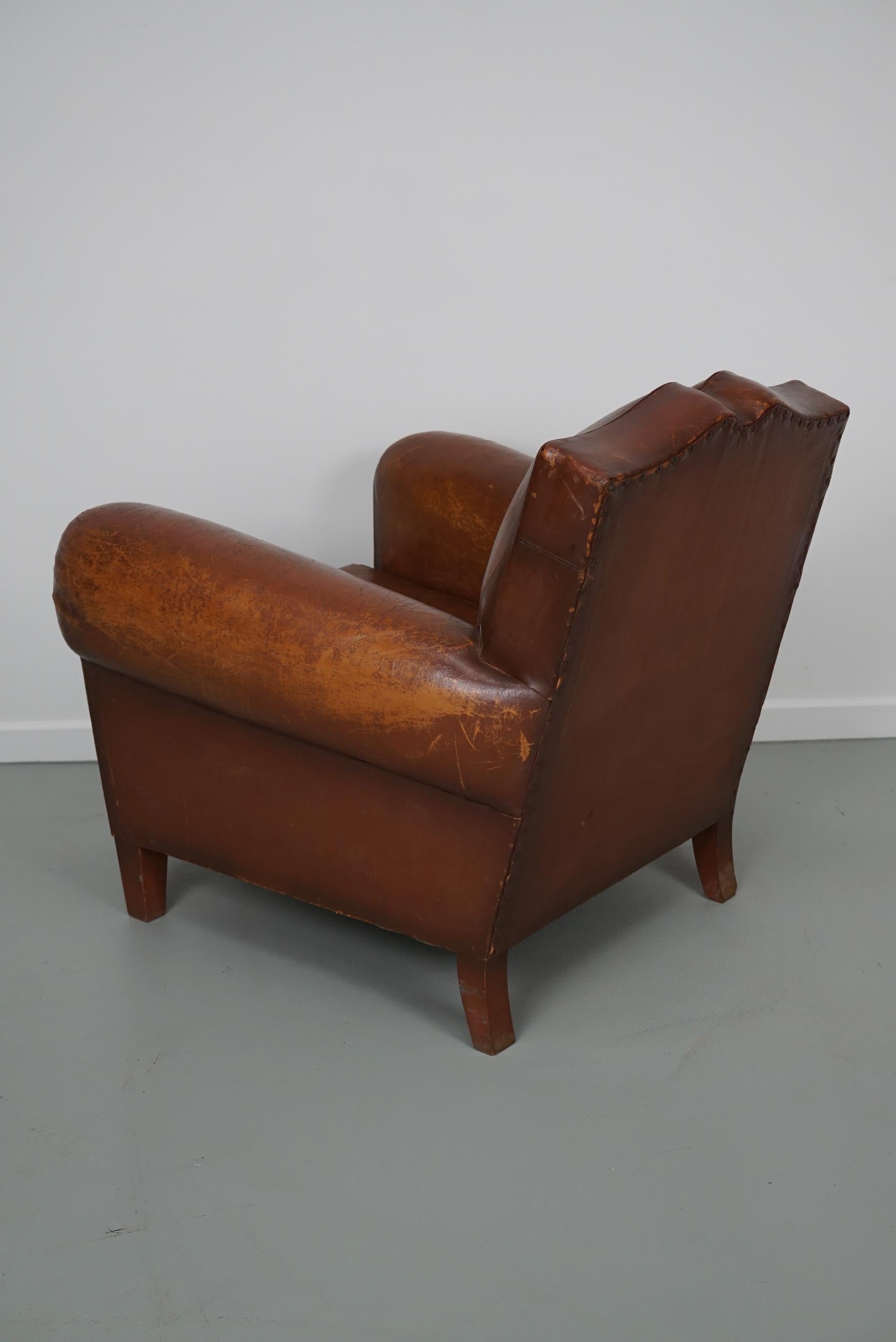 Vintage French Moustache Back Cognac-Colored Leather Club Chair, 1940s 12