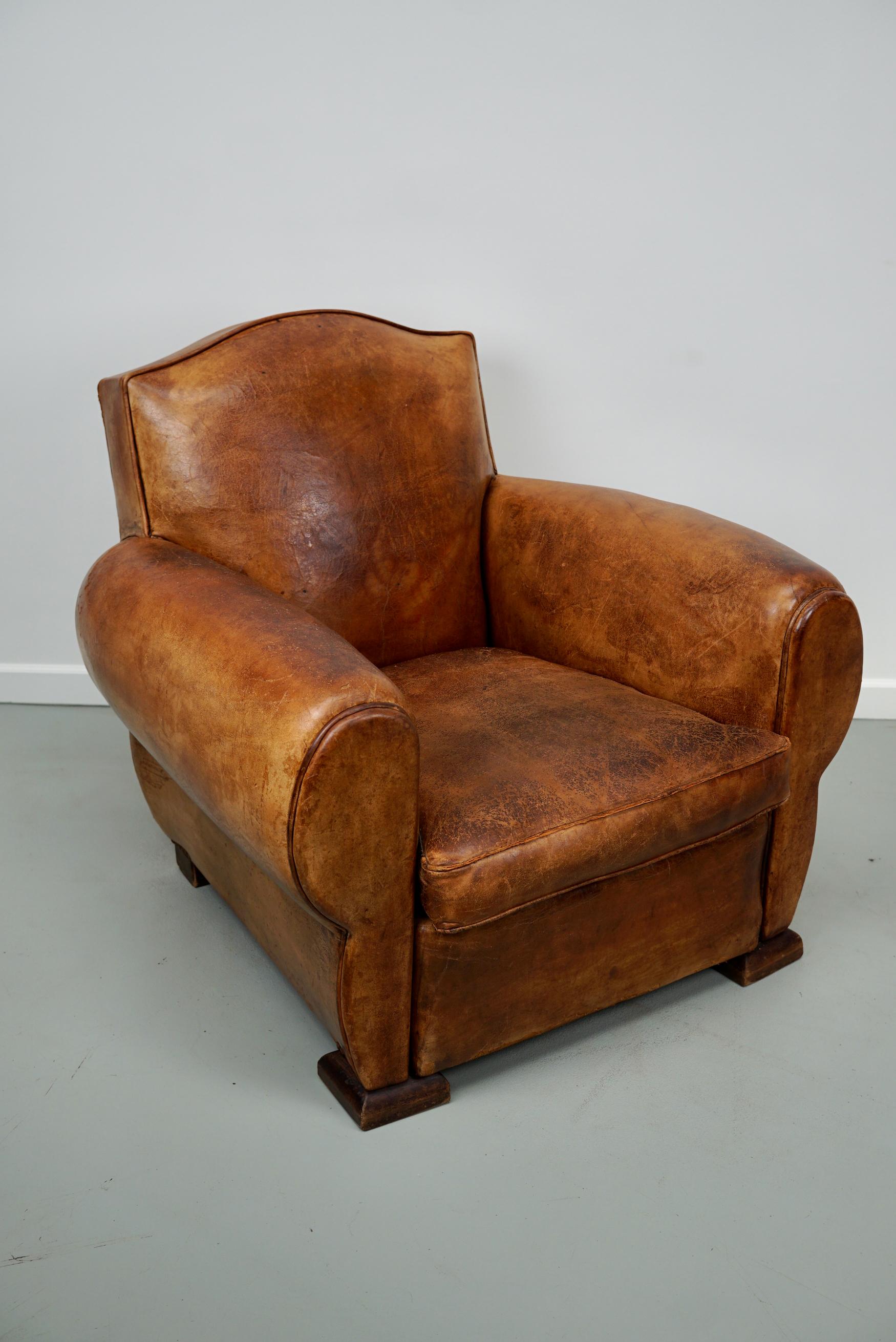 Vintage French Moustache Back Cognac-Colored Leather Club Chair, 1940s 13