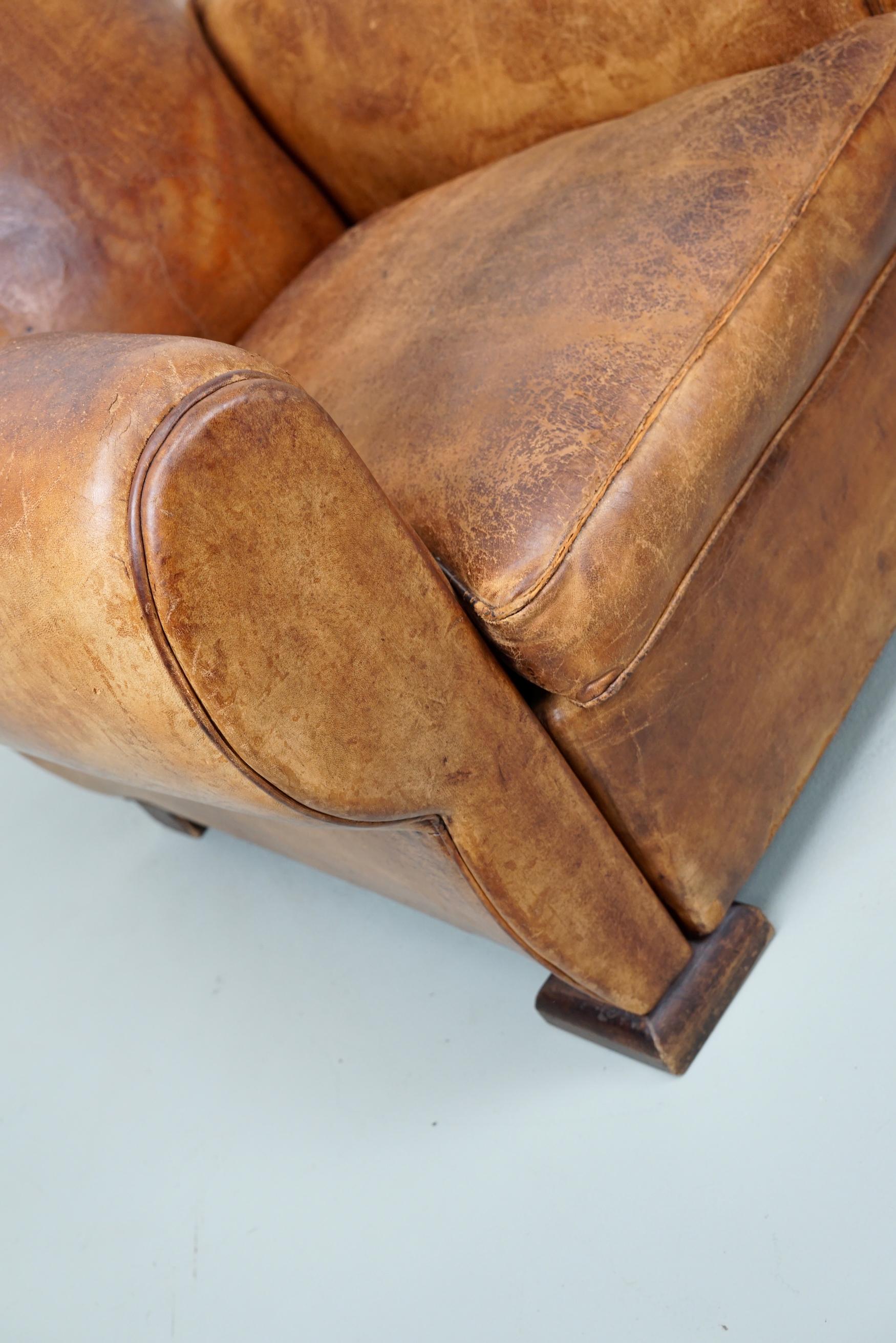 Vintage French Moustache Back Cognac-Colored Leather Club Chair, 1940s 14
