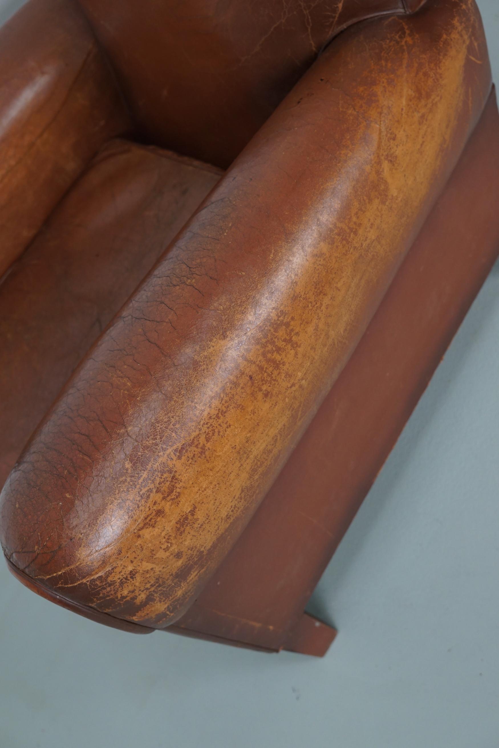 Vintage French Moustache Back Cognac-Colored Leather Club Chair, 1940s 14