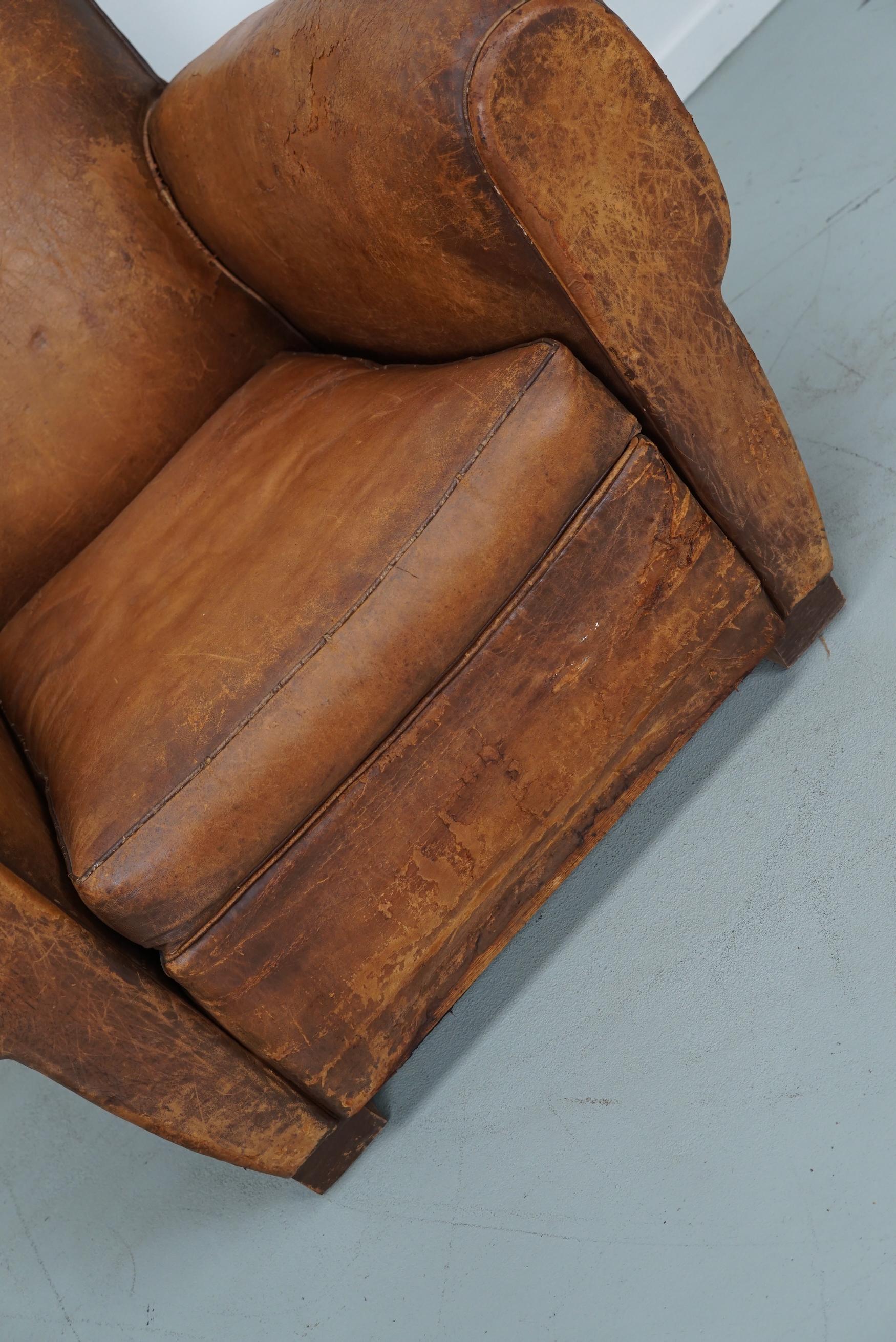 Industrial Vintage French Moustache Back Cognac-Colored Leather Club Chair, 1940s