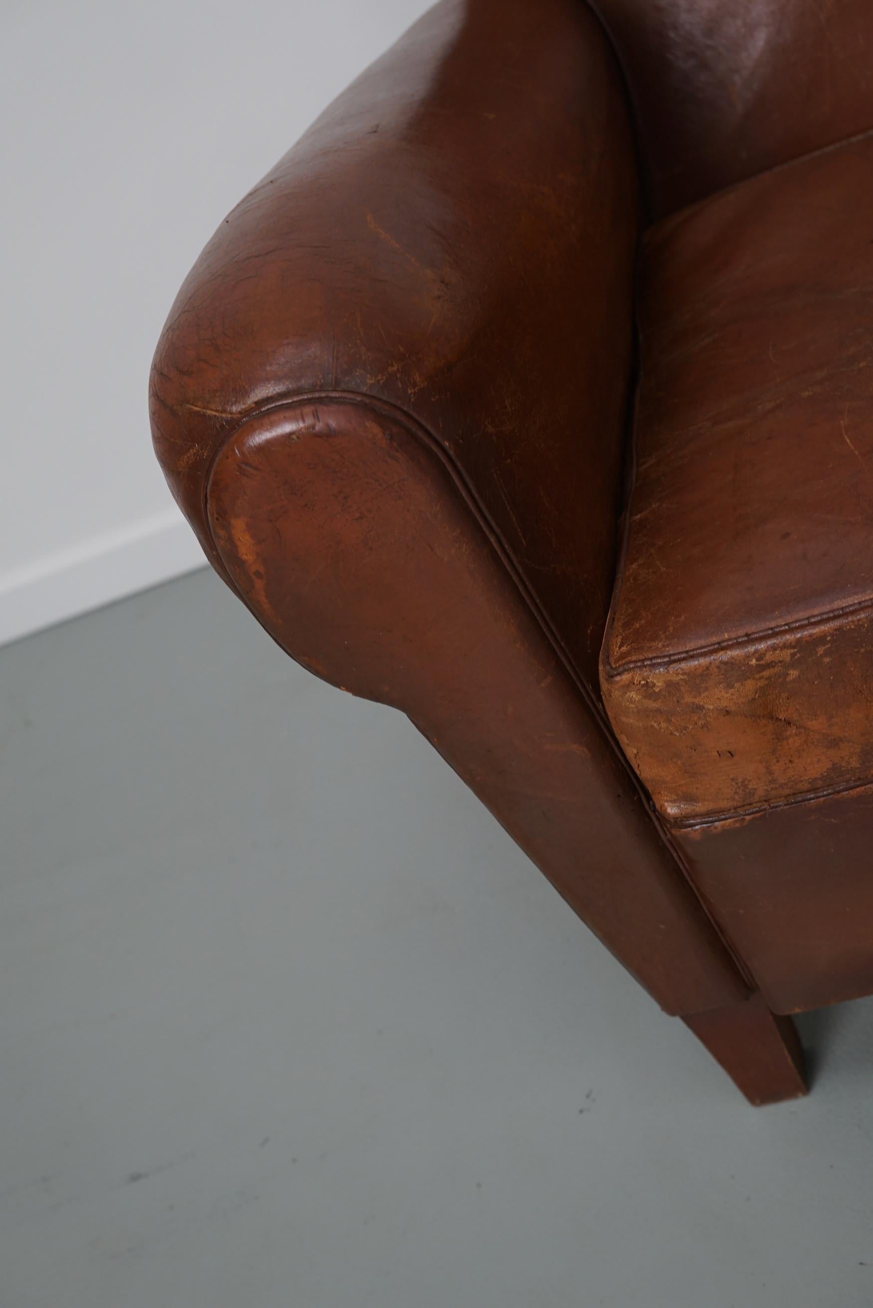 Vintage French Moustache Back Cognac-Colored Leather Club Chair, 1940s In Good Condition In Nijmegen, NL