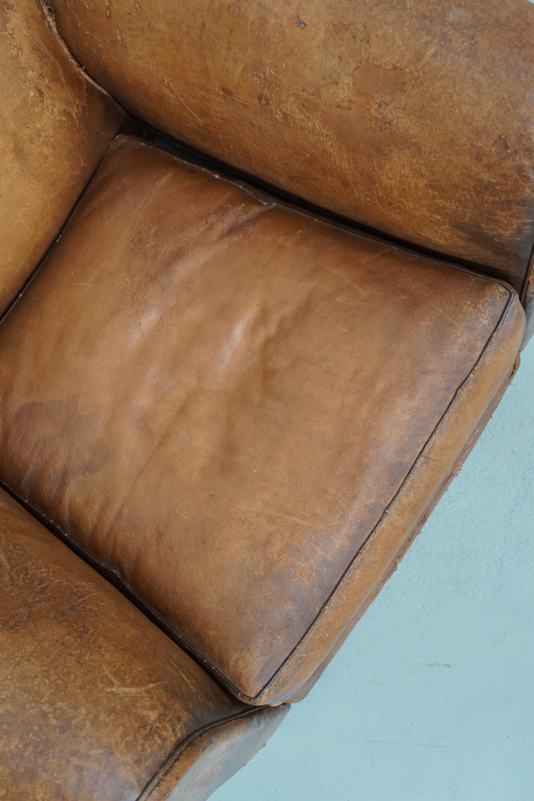 Vintage French Moustache Back Cognac-Colored Leather Club Chair, 1940s In Good Condition In Nijmegen, NL
