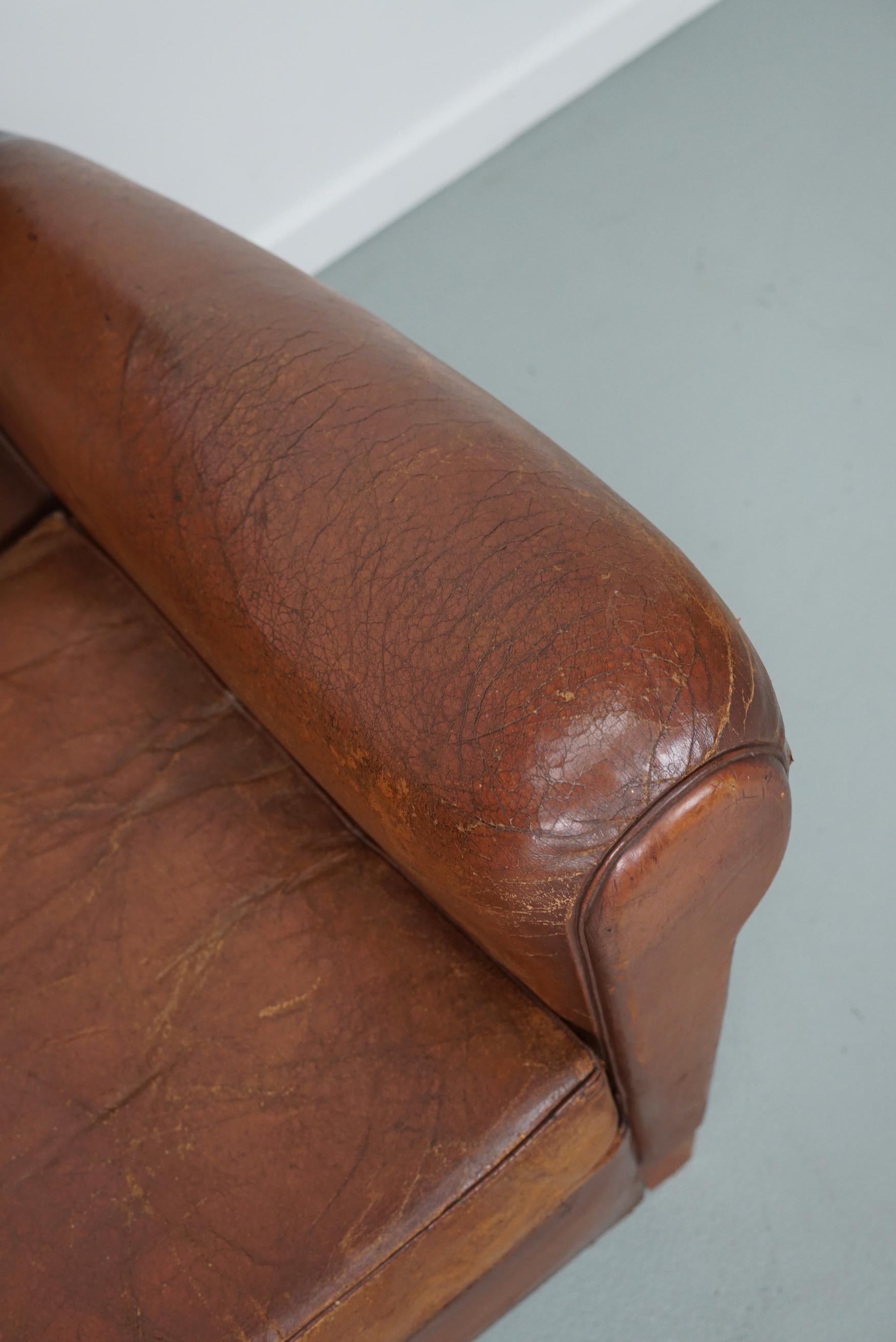 Mid-20th Century Vintage French Moustache Back Cognac-Colored Leather Club Chair, 1940s