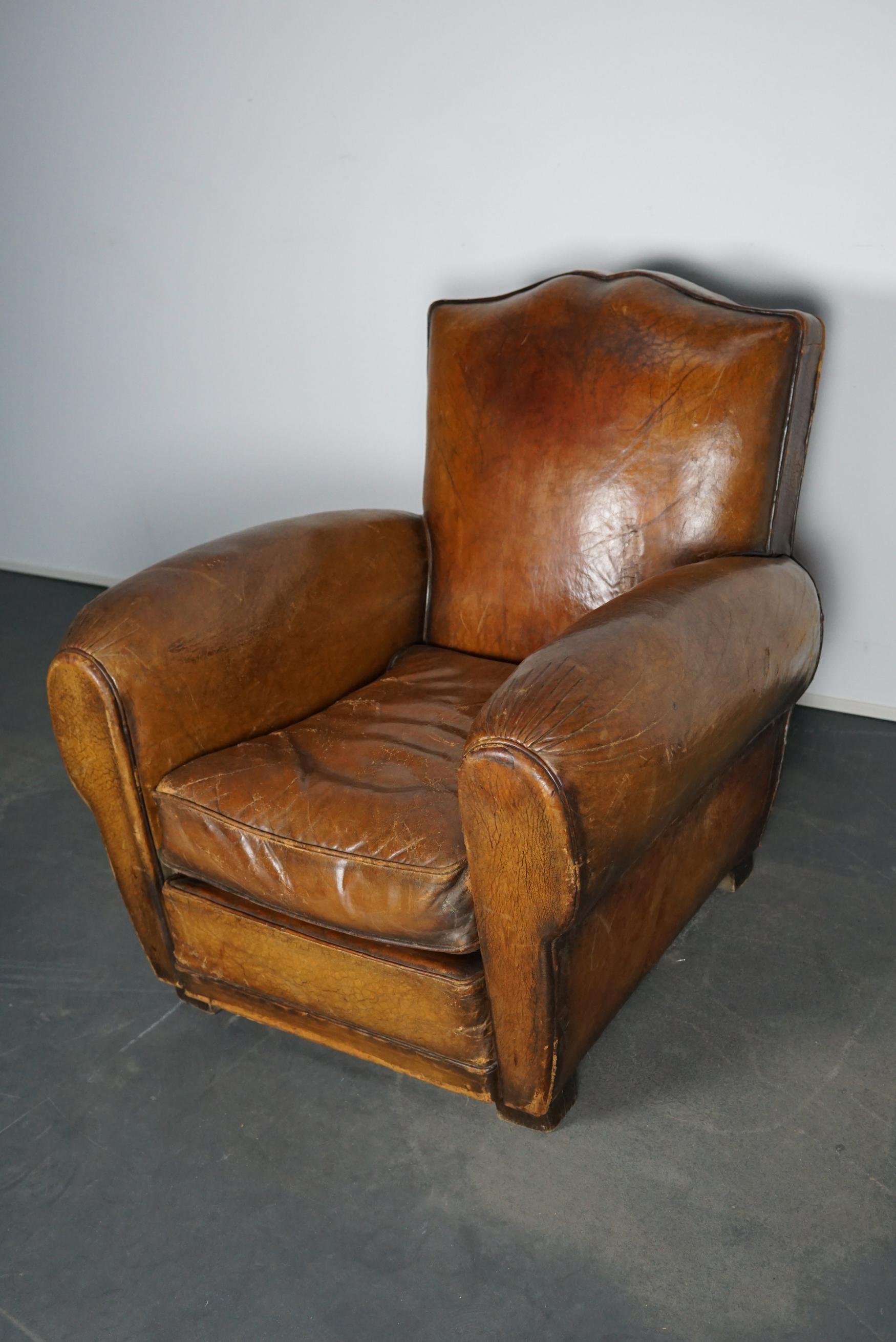 Vintage French Moustache Back Cognac-Colored Leather Club Chair, 1940s In Good Condition In Nijmegen, NL