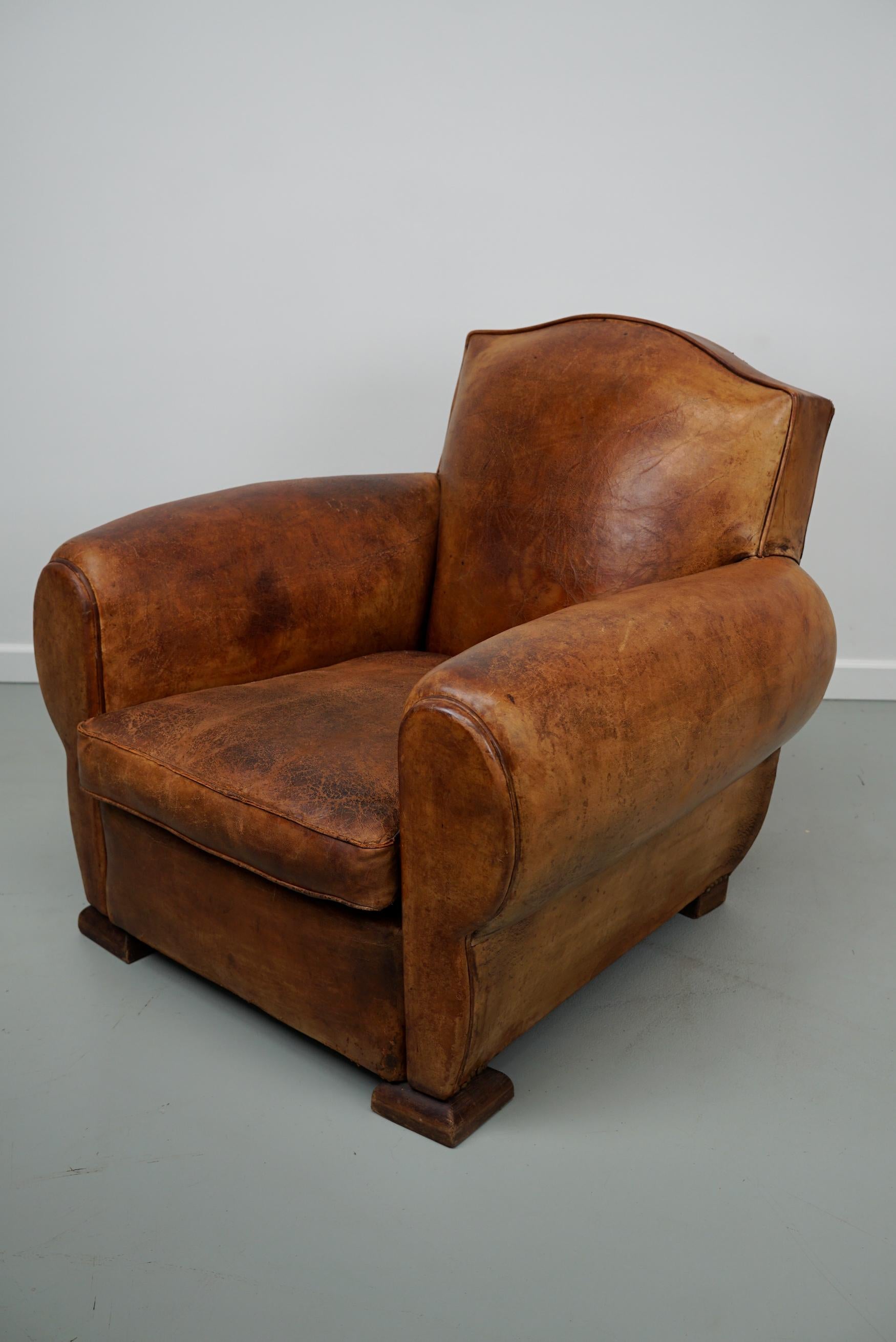 Vintage French Moustache Back Cognac-Colored Leather Club Chair, 1940s 2