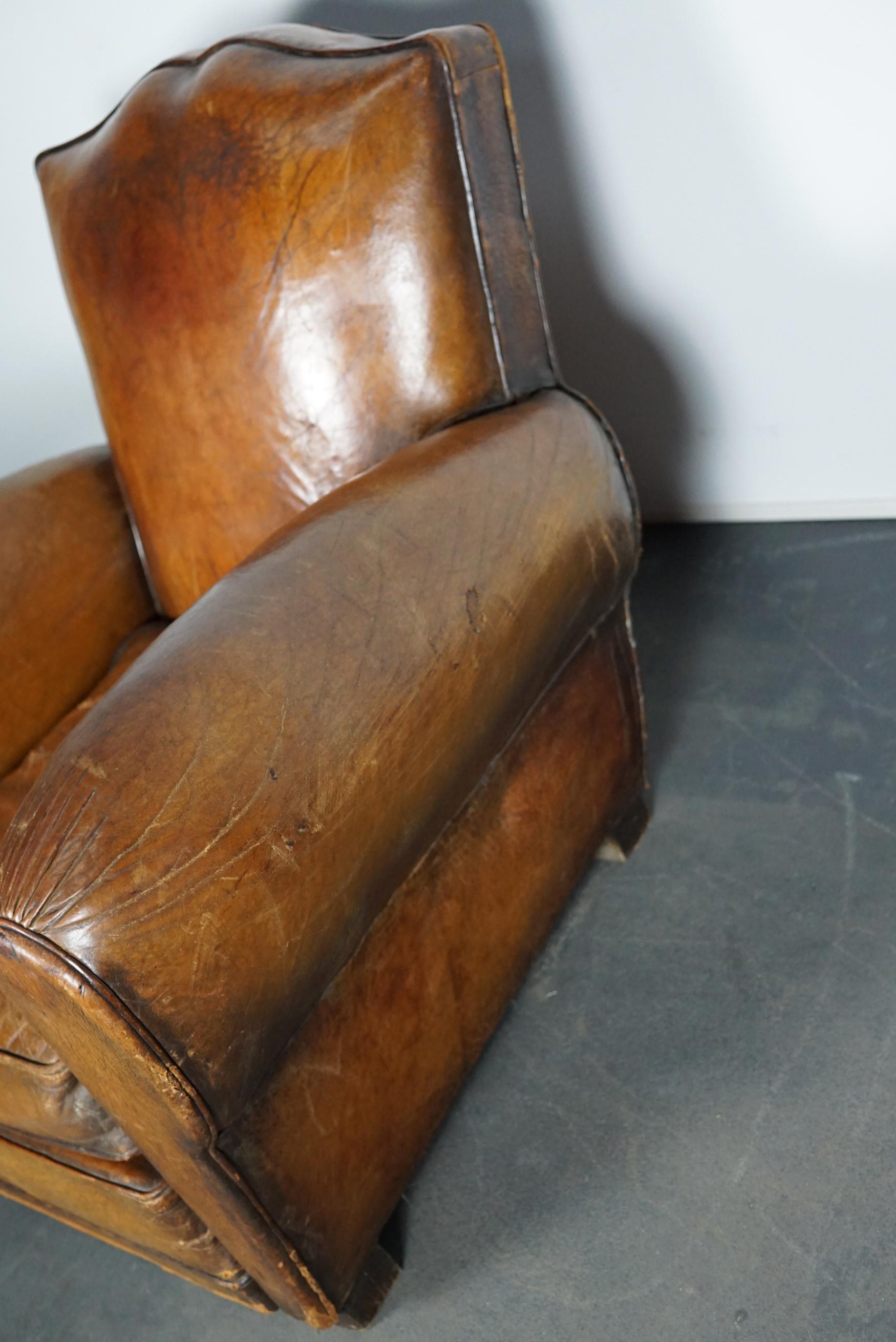 Mid-20th Century Vintage French Moustache Back Cognac-Colored Leather Club Chair, 1940s