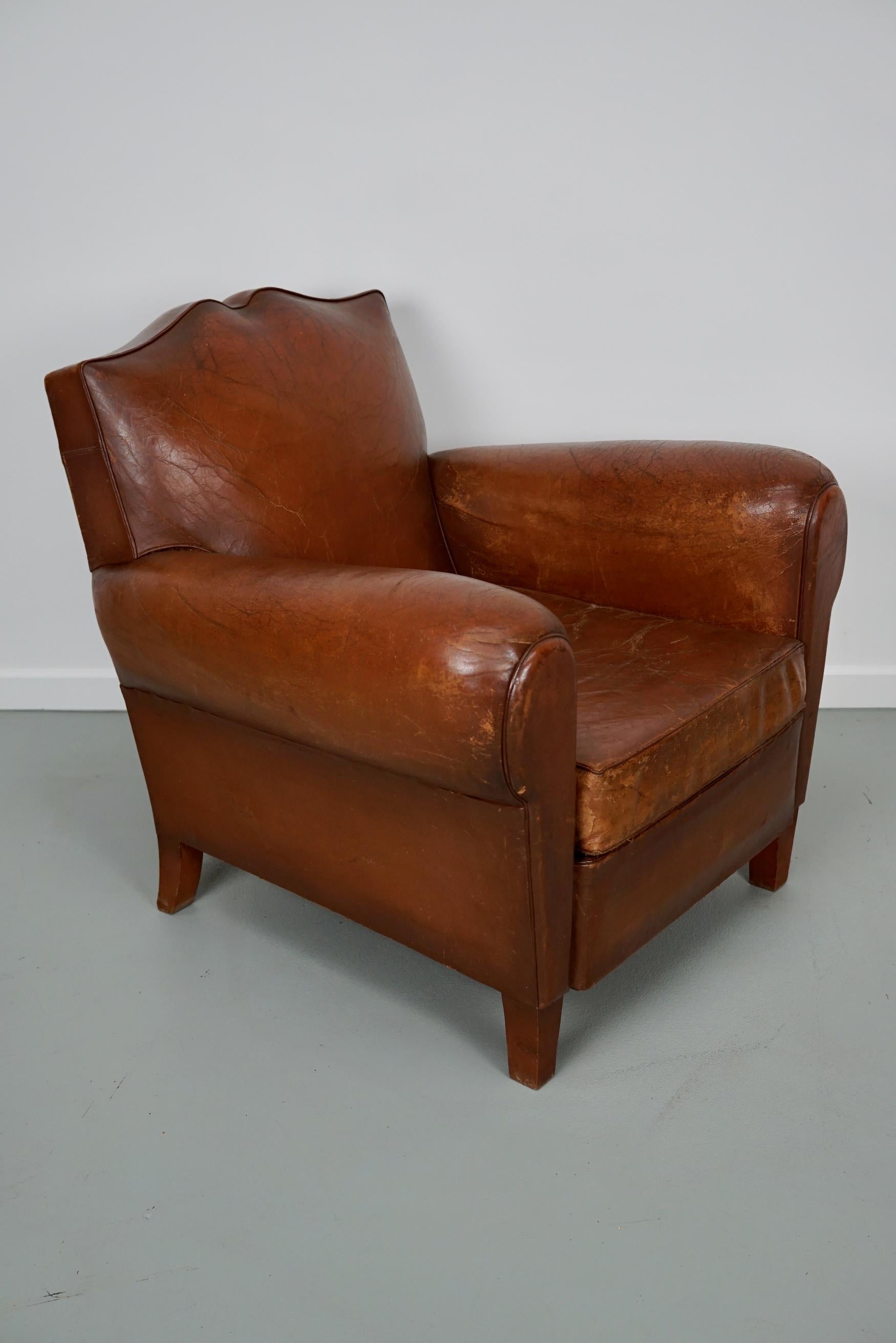 Vintage French Moustache Back Cognac-Colored Leather Club Chair, 1940s 2