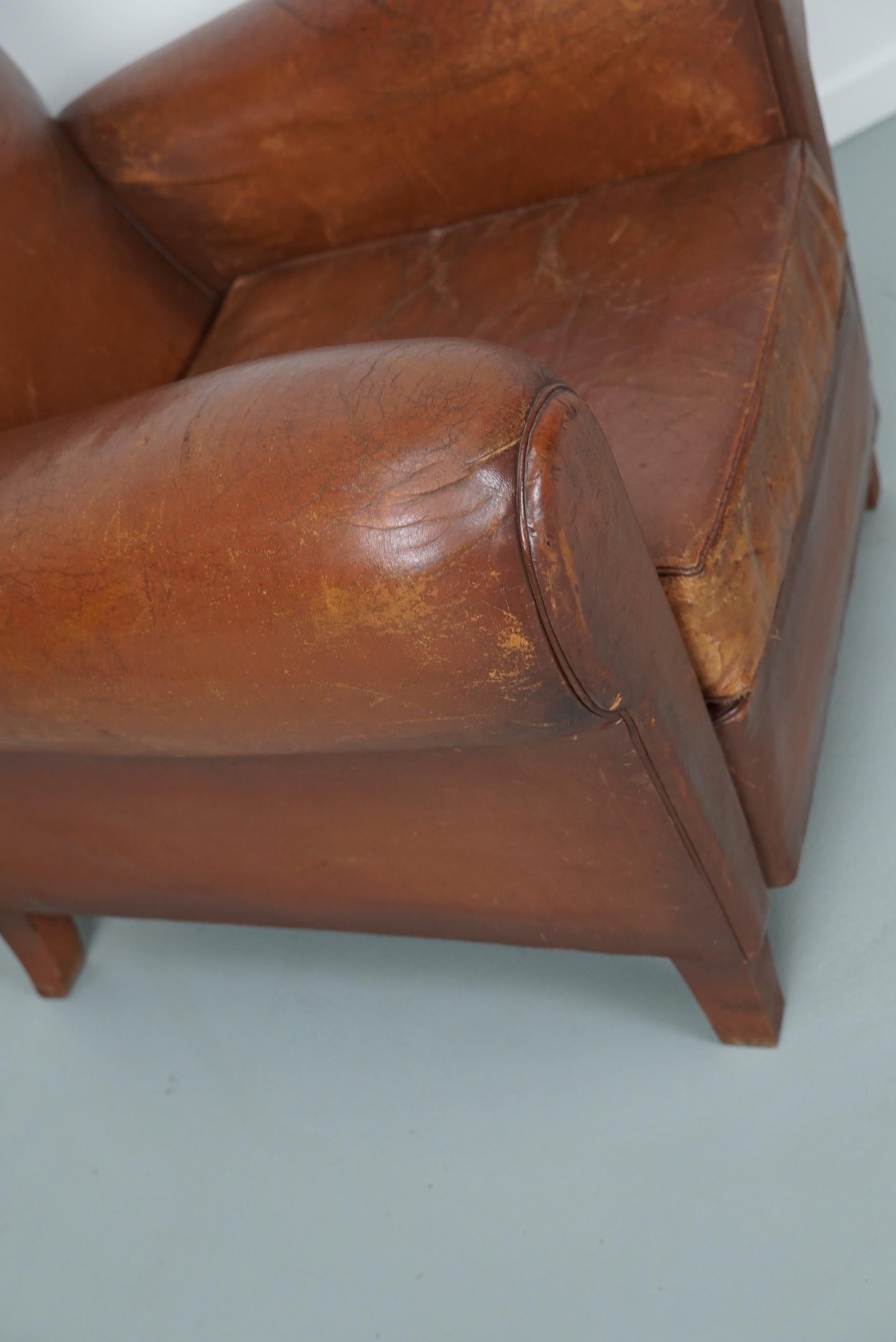 Vintage French Moustache Back Cognac-Colored Leather Club Chair, 1940s 3