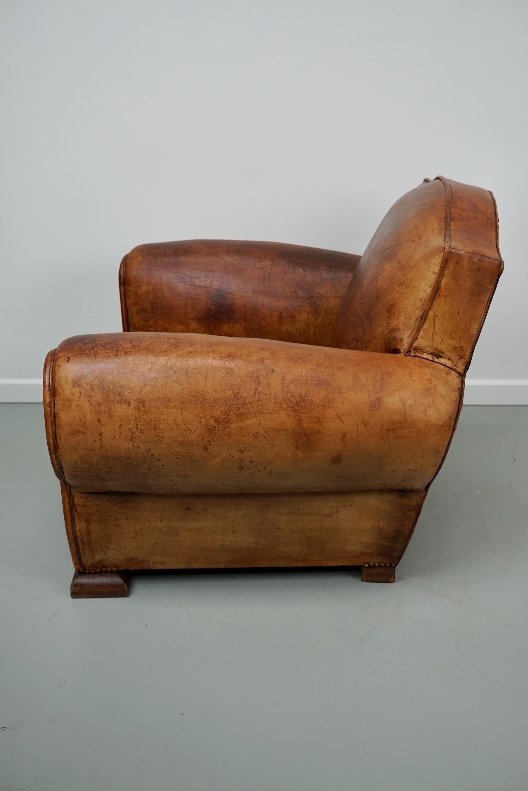 Vintage French Moustache Back Cognac-Colored Leather Club Chair, 1940s 4