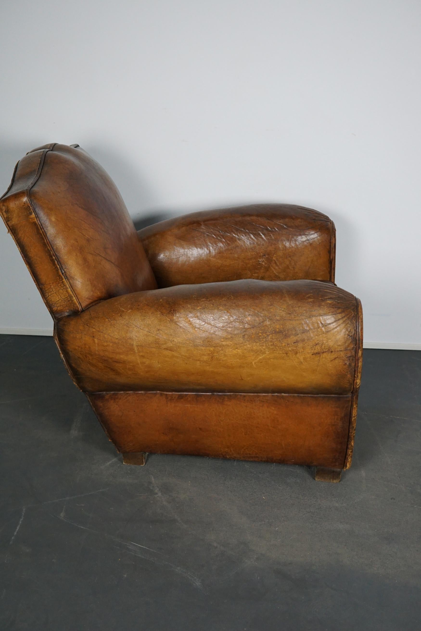 Vintage French Moustache Back Cognac-Colored Leather Club Chair, 1940s 2