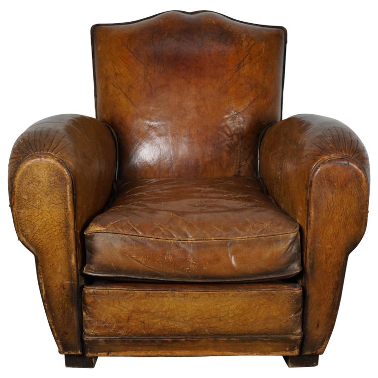 Vintage French Moustache Back Cognac Colored Leather Club Chair 1940s At 1stdibs