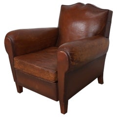 Vintage French Moustache Back Cognac-Colored Leather Club Chair, 1940s