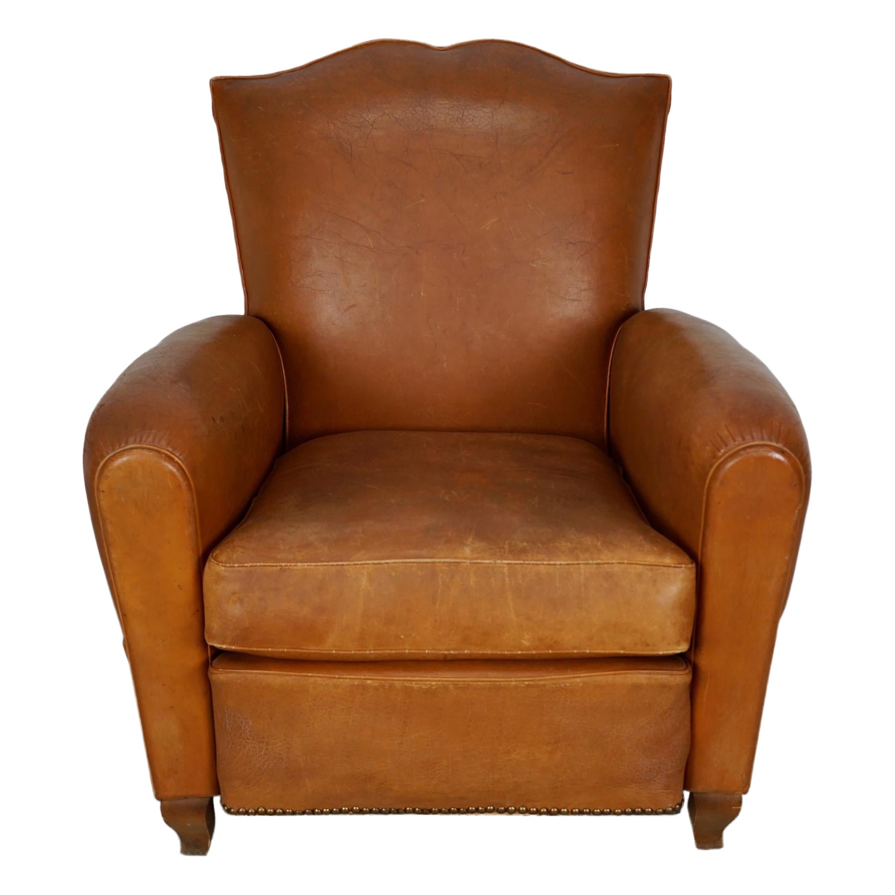 Vintage French Moustache Back Cognac-Colored Leather Club Chair, 1940s