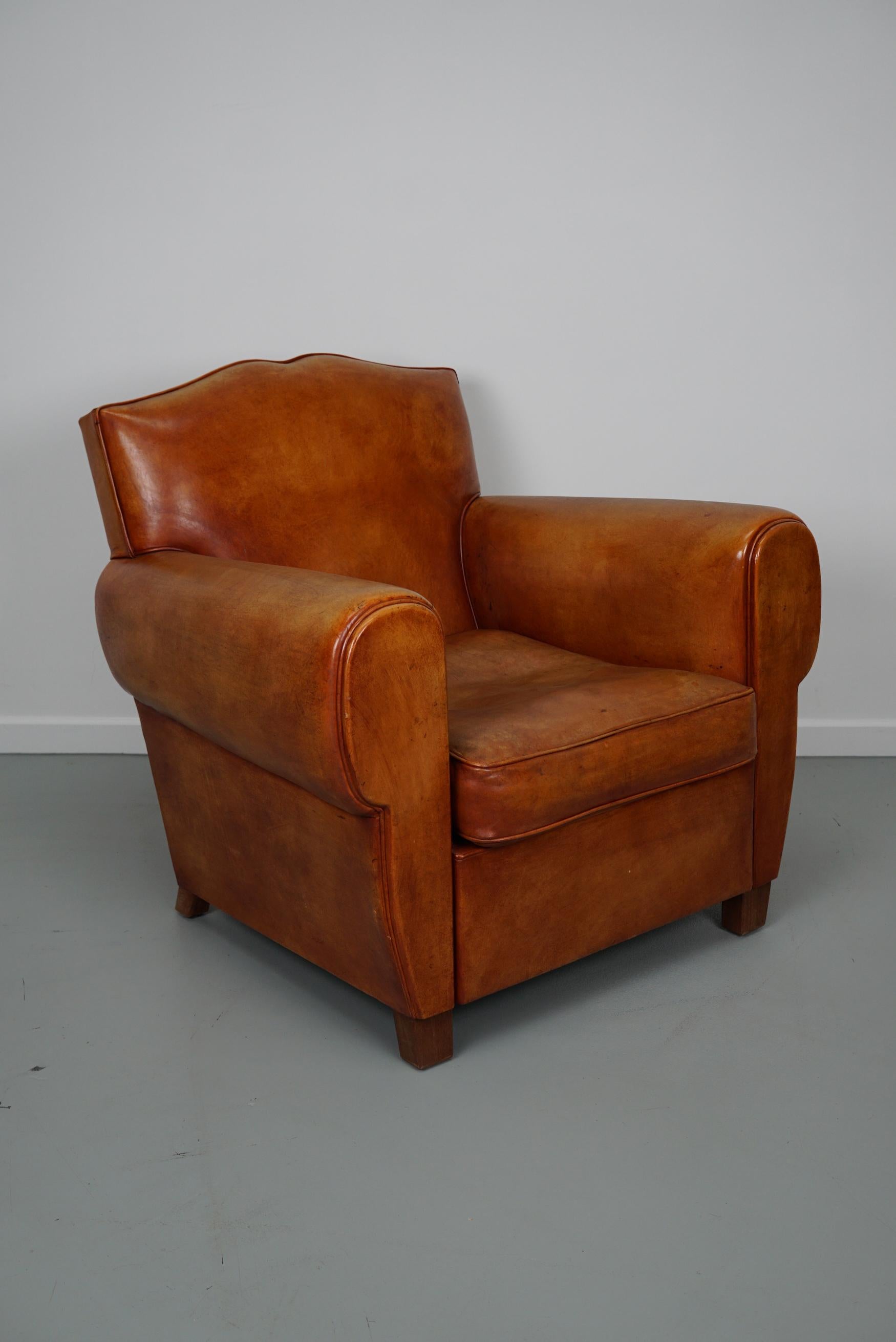 Vintage French Moustache Back Cognac-Colored Leather Club Chair 6