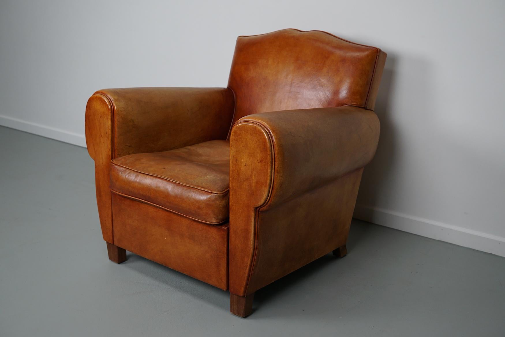 Vintage French Moustache Back Cognac-Colored Leather Club Chair 7