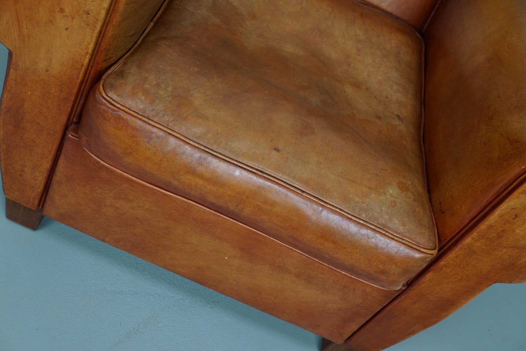 Vintage French Moustache Back Cognac-Colored Leather Club Chair 8