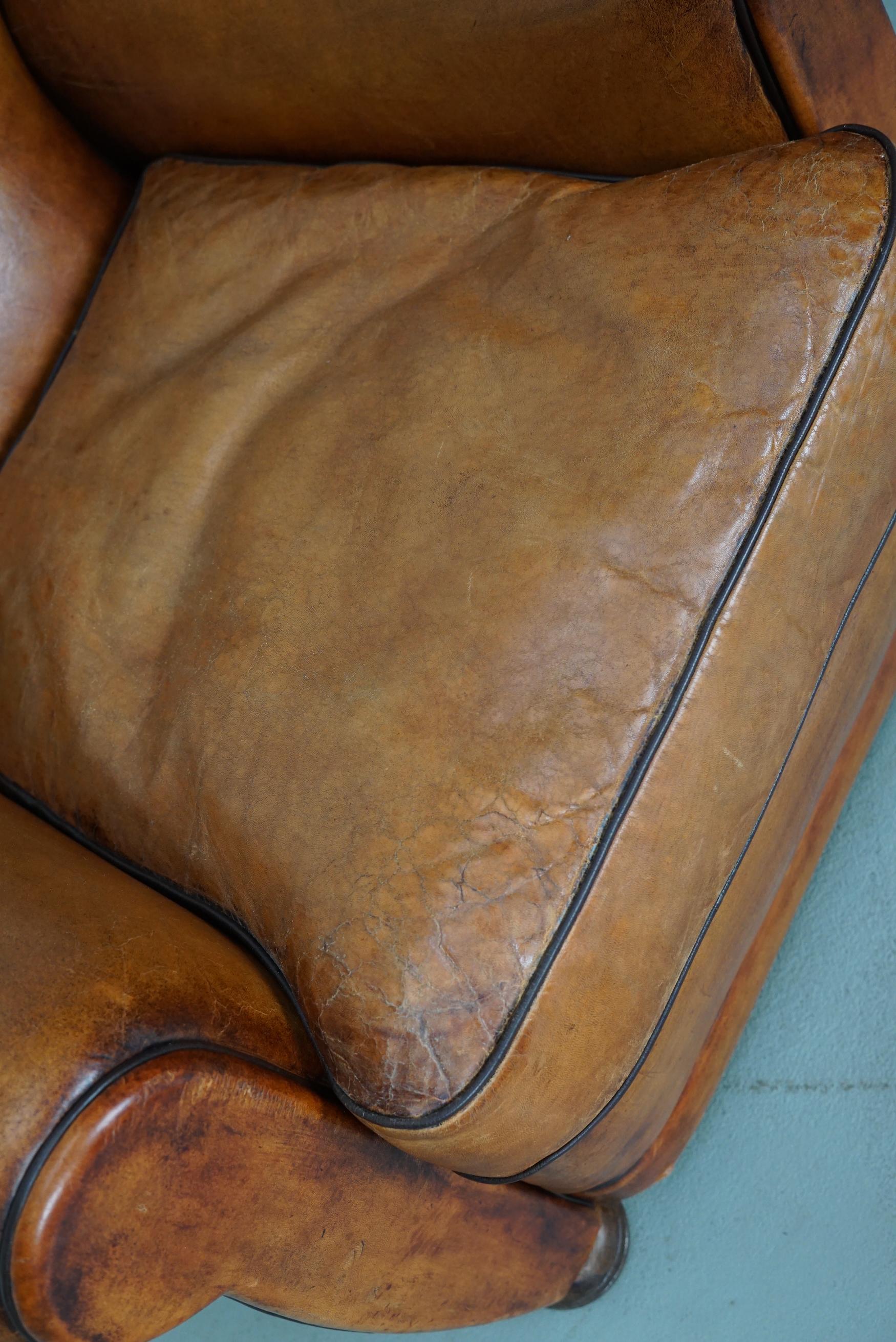Vintage French Moustache Back Cognac-Colored Leather Club Chair For Sale 9