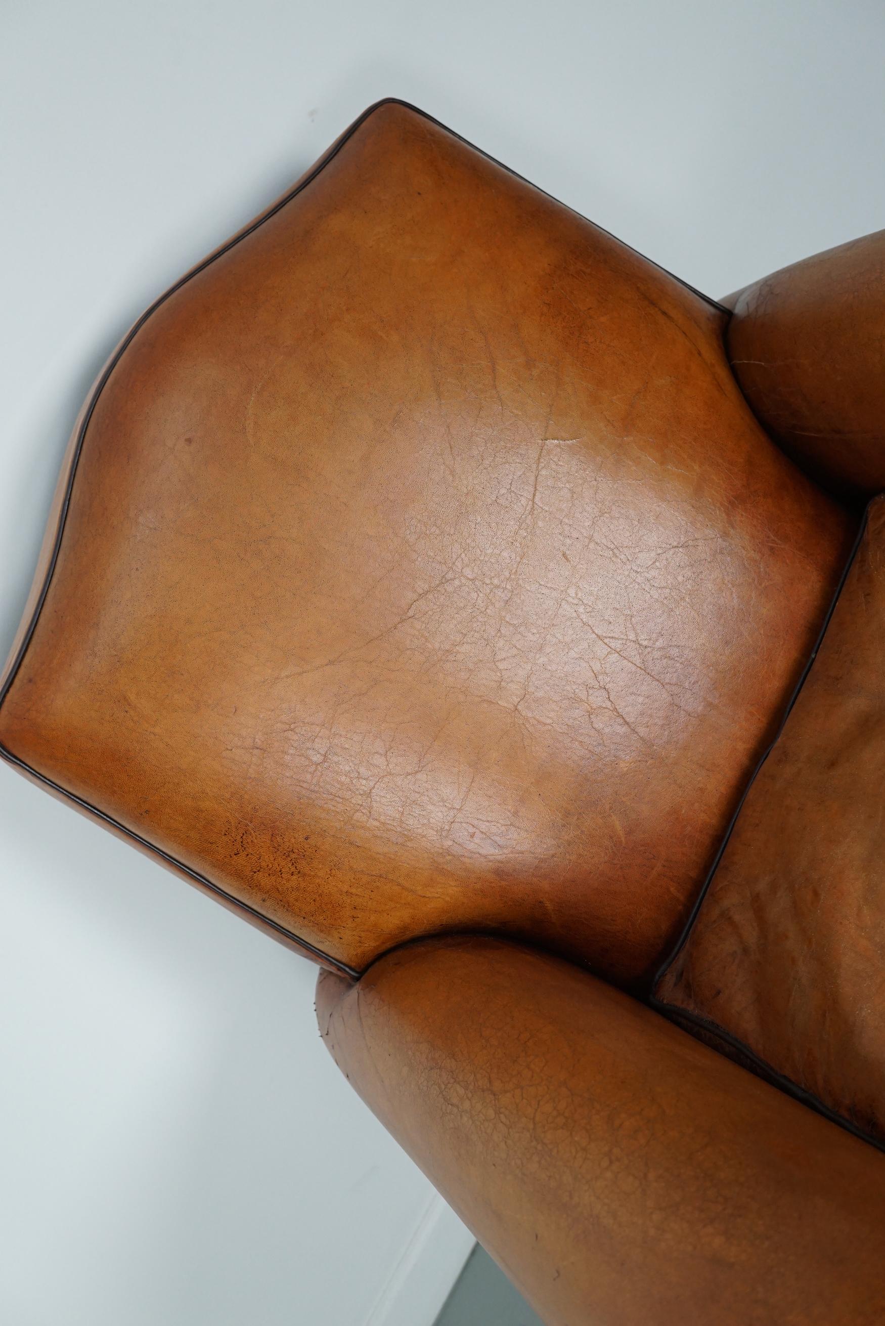 Vintage French Moustache Back Cognac-Colored Leather Club Chair For Sale 10