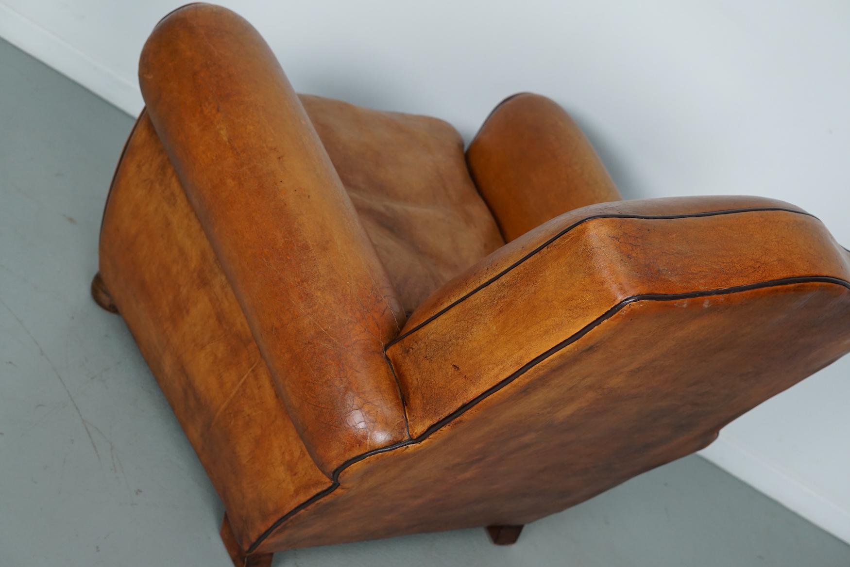 Vintage French Moustache Back Cognac-Colored Leather Club Chair For Sale 13