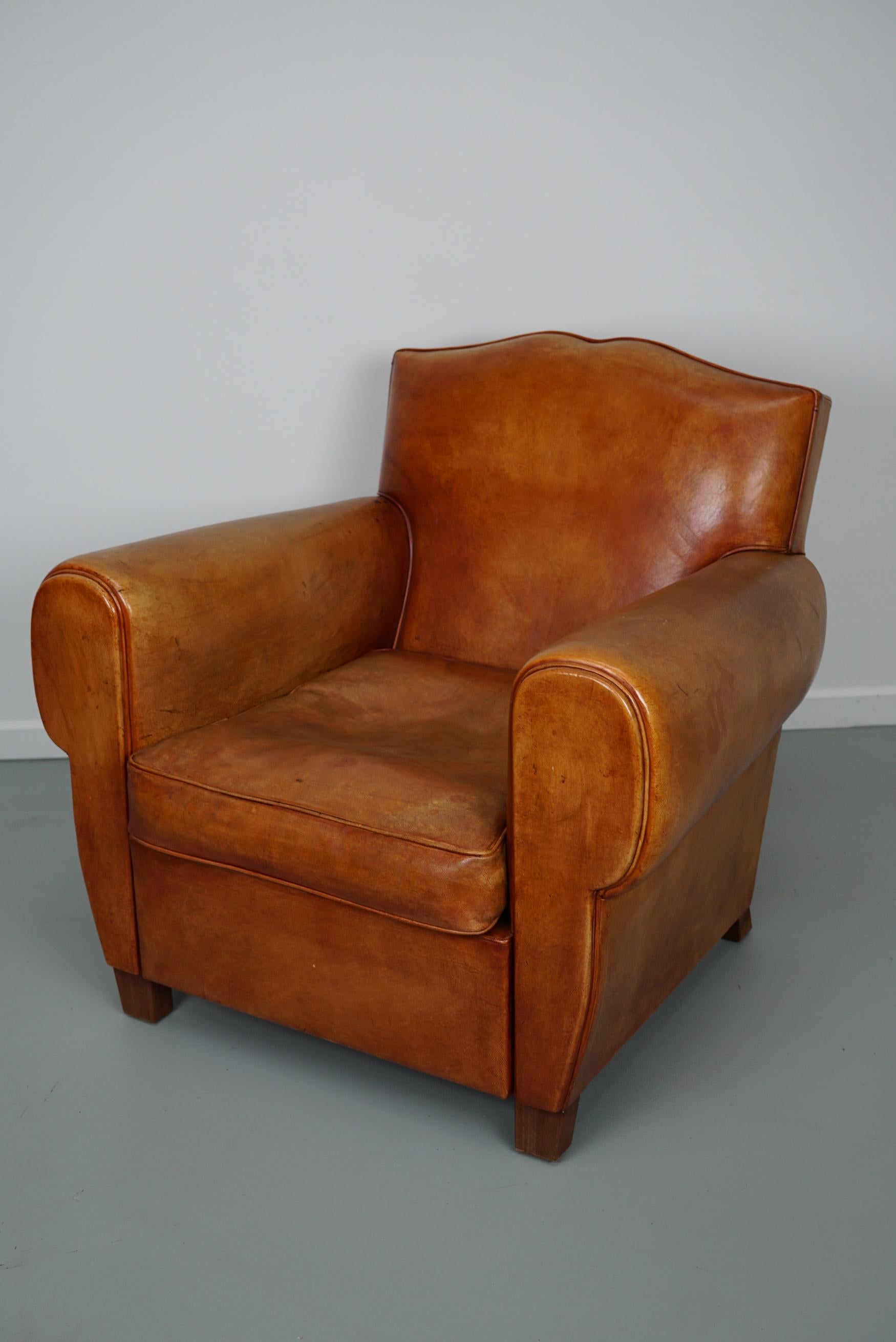 Vintage French Moustache Back Cognac-Colored Leather Club Chair In Good Condition In Nijmegen, NL