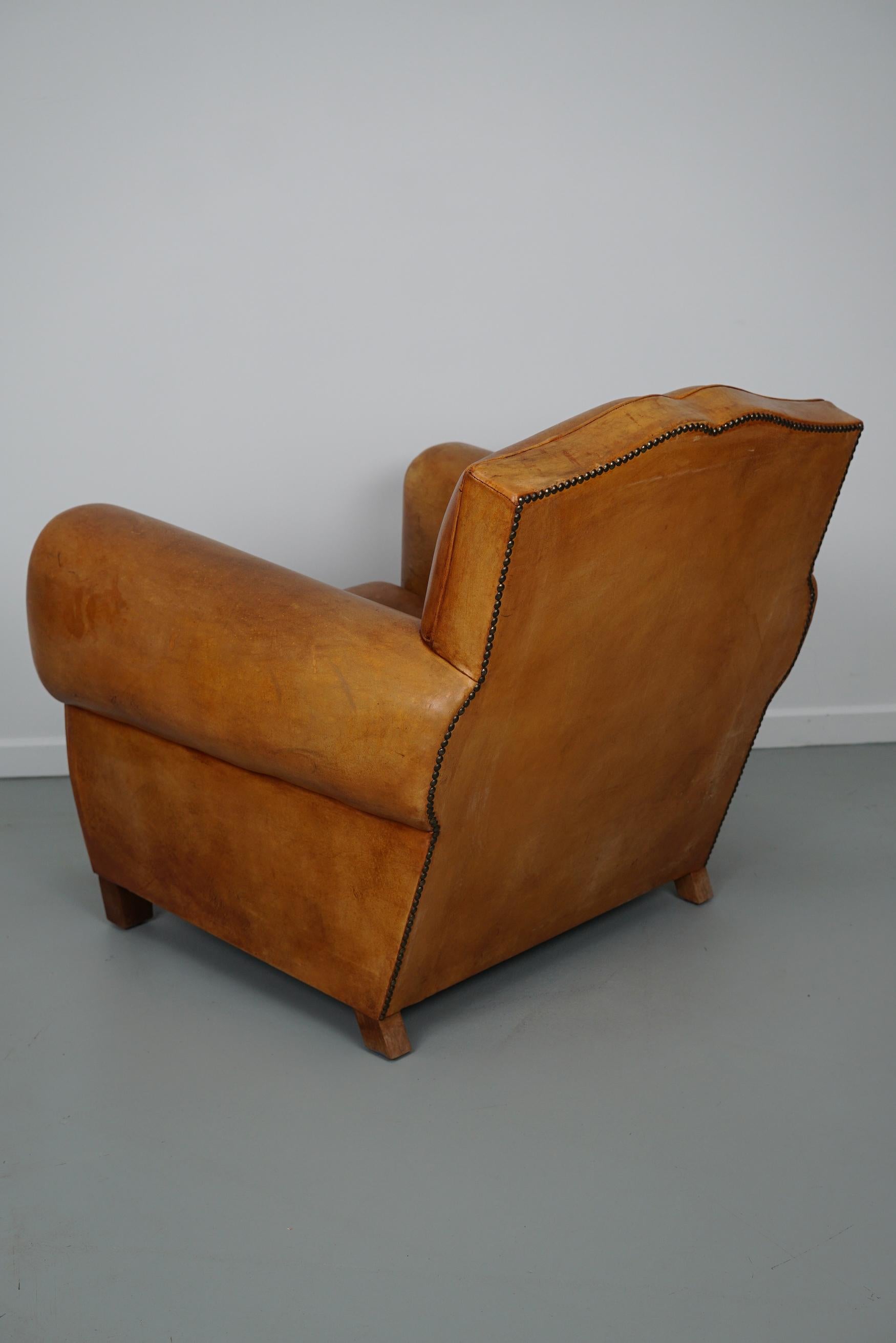 Late 20th Century Vintage French Moustache Back Cognac-Colored Leather Club Chair