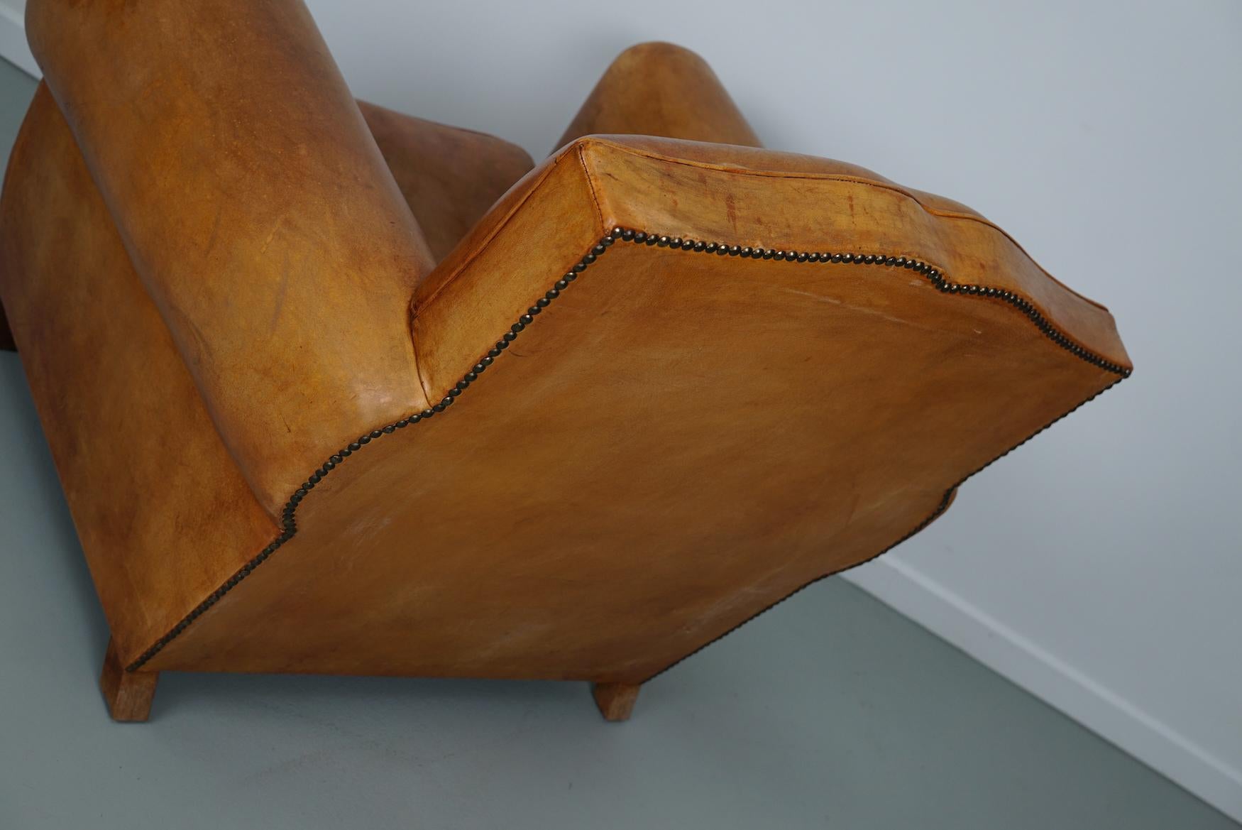 Vintage French Moustache Back Cognac-Colored Leather Club Chair 2