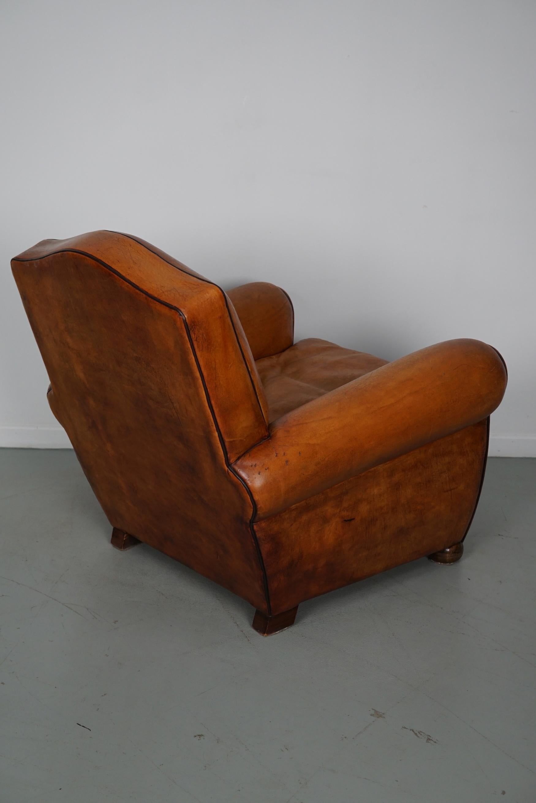 Vintage French Moustache Back Cognac-Colored Leather Club Chair For Sale 5