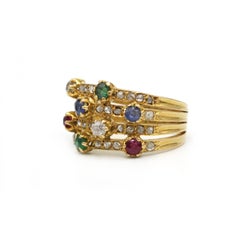Vintage French Multi-Gem Yellow Gold Ring with Emeralds, Sapphires, Rubies