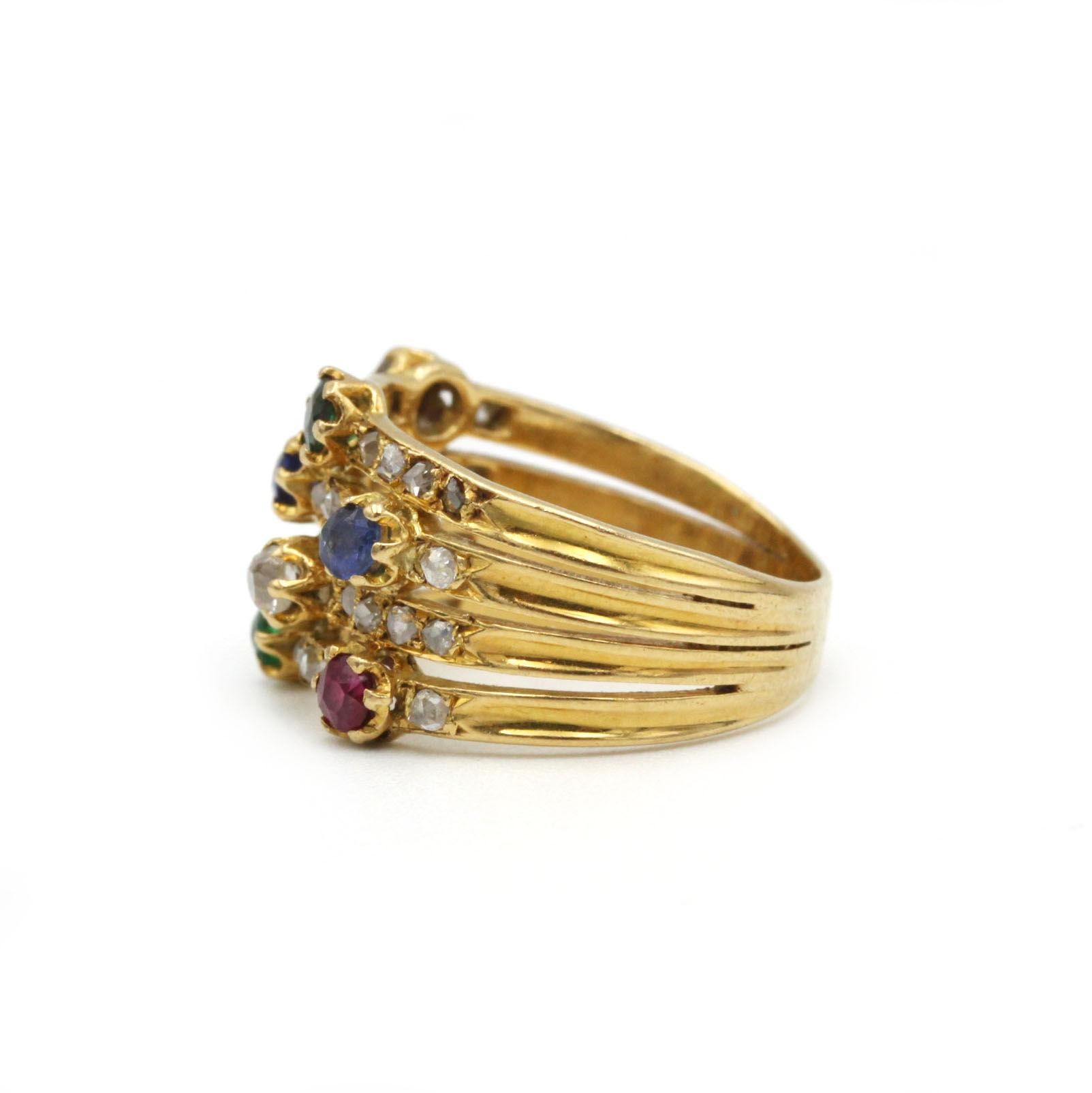 Retro Vintage French Multi-Gem Yellow Gold Ring with Emeralds, Sapphires, Rubies For Sale