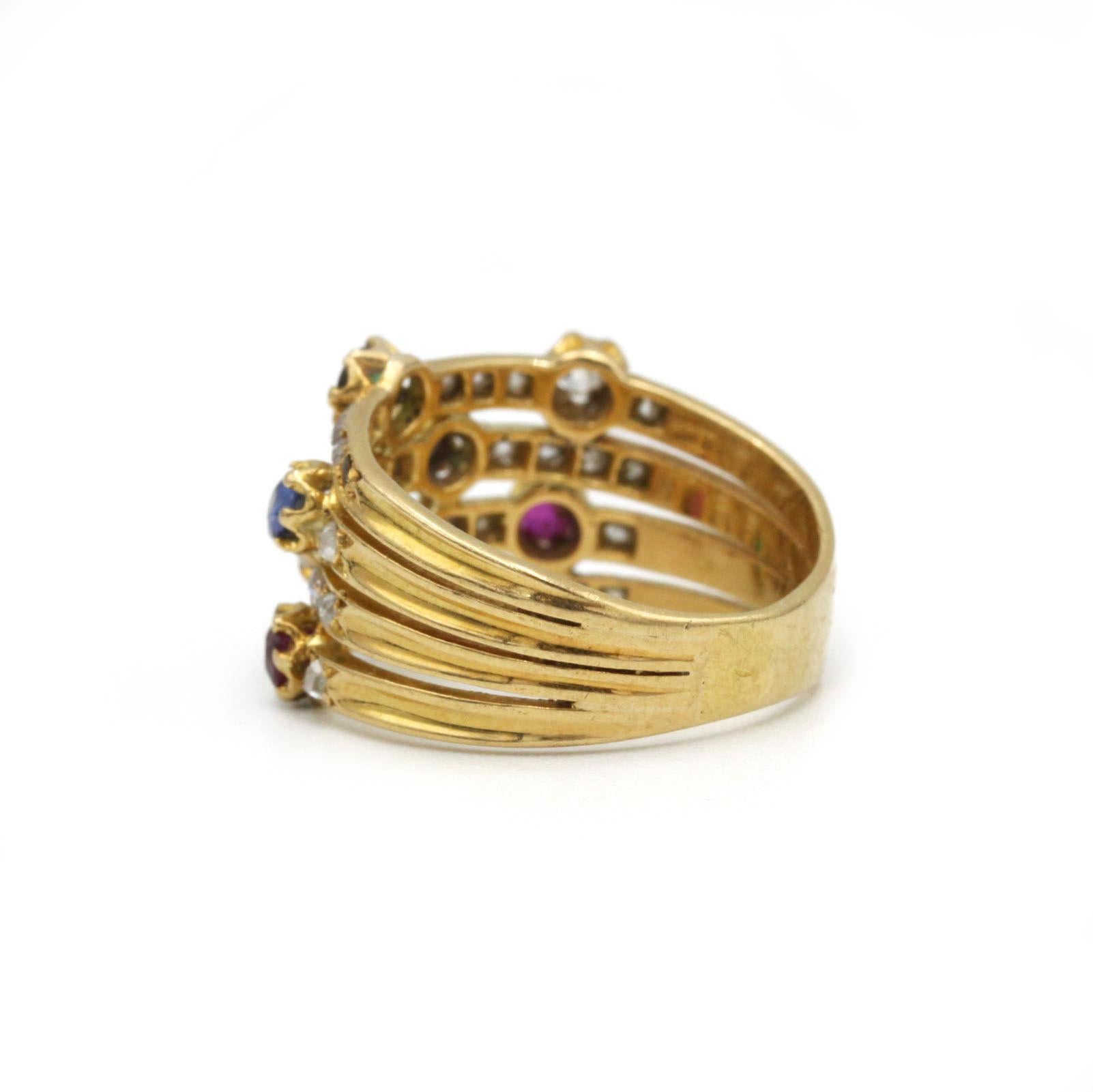 Brilliant Cut Vintage French Multi-Gem Yellow Gold Ring with Emeralds, Sapphires, Rubies For Sale