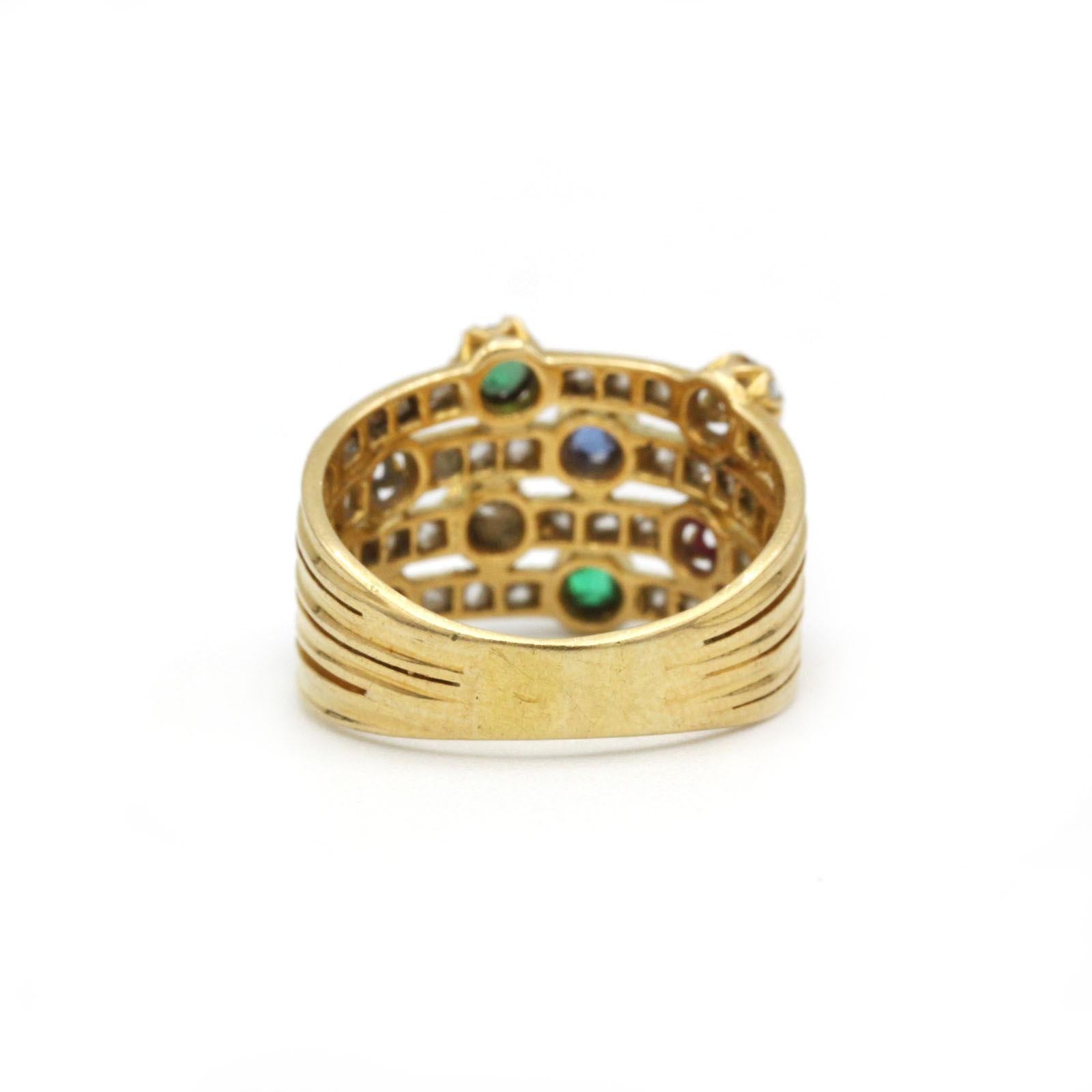 Vintage French Multi-Gem Yellow Gold Ring with Emeralds, Sapphires, Rubies In Good Condition For Sale In MONTMORENCY, FR