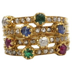 Vintage French Multi-Gem Yellow Gold Ring with Emeralds, Sapphires, Rubies